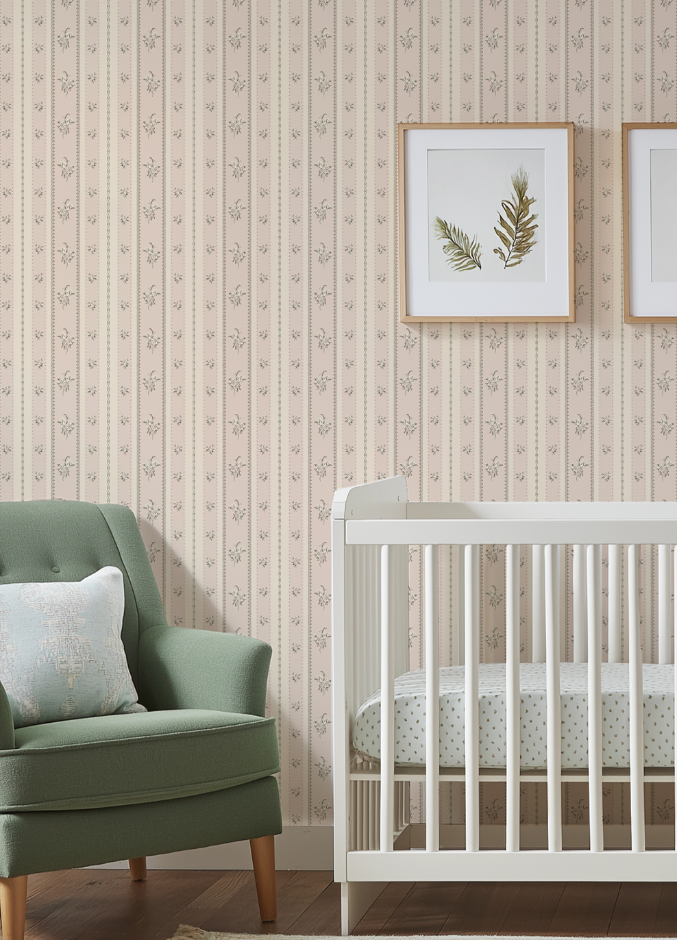 Floral Stripe Nursery Wallpaper, Soft Pink Vintage Floral Wallpaper with Vertical Stripes, Neutral Baby Girl Nursery Wall Decor, Cottagecore Wallpaper