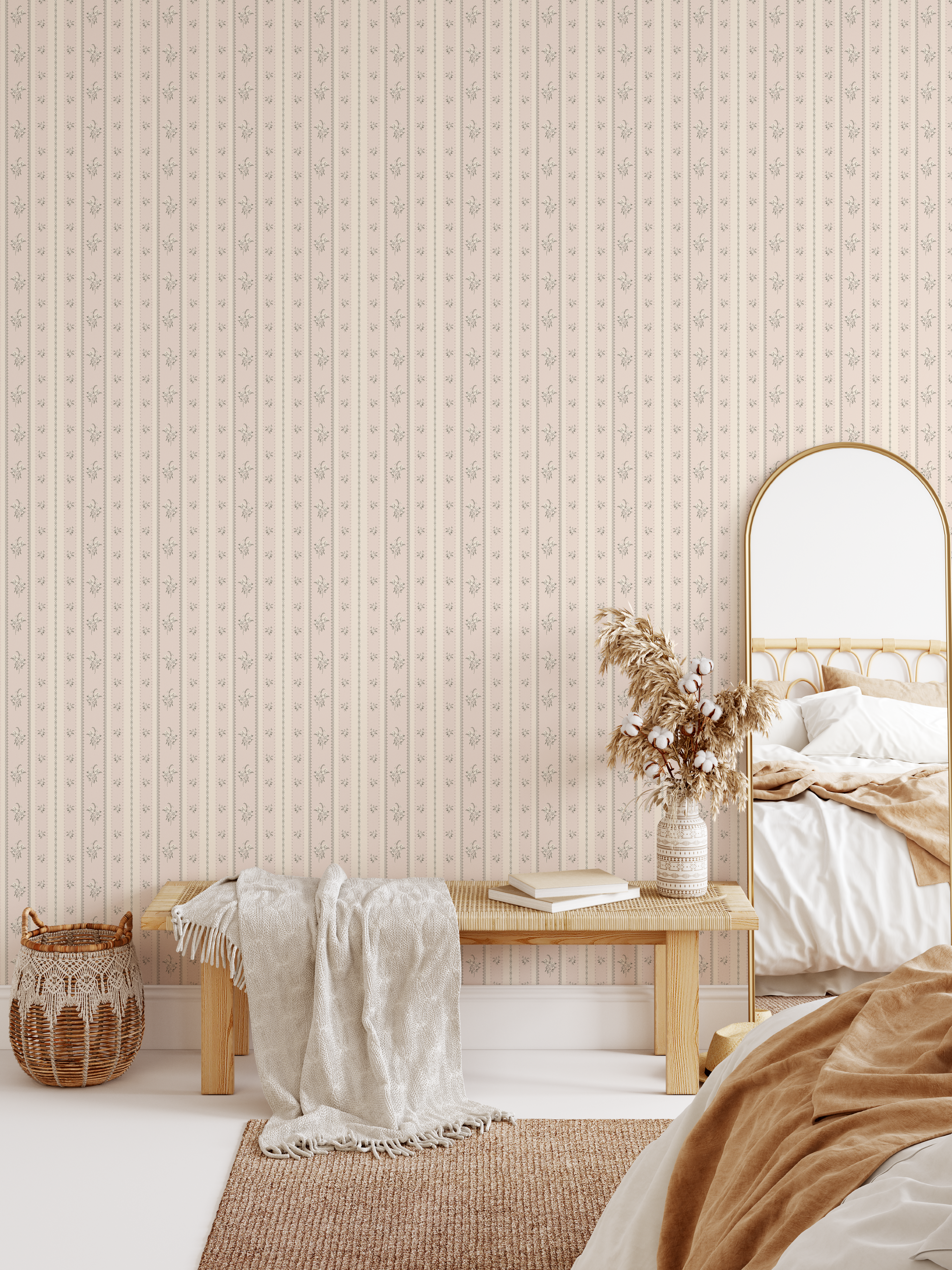 Floral Stripe Wallpaper in Soft Blush Pink, Vintage Cottage Wallpaper with Delicate Floral Sprigs, Neutral Bedroom Wall Decor, French Country Wallpaper