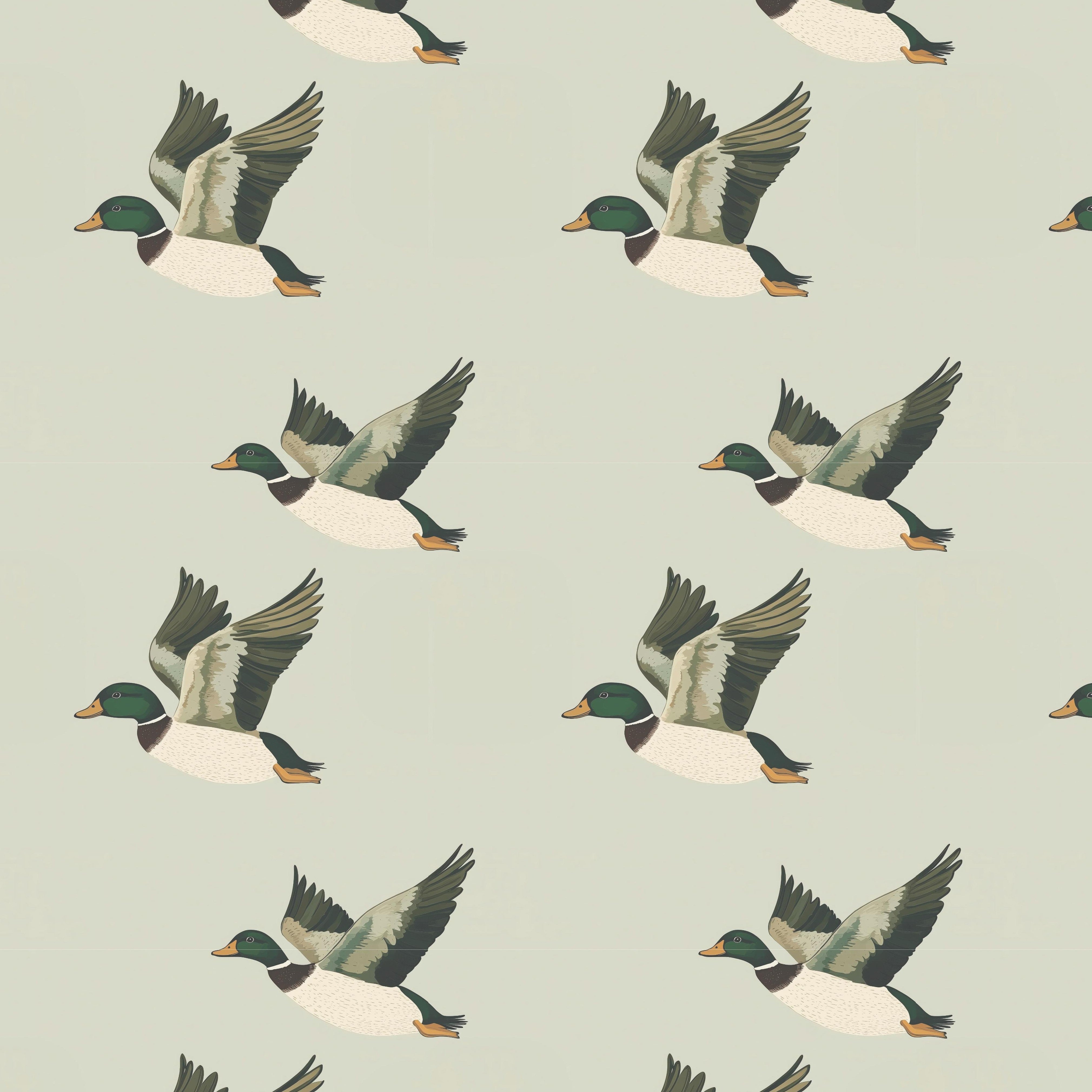 Pattern swatch showing illustrated flying ducks on a soft green background
