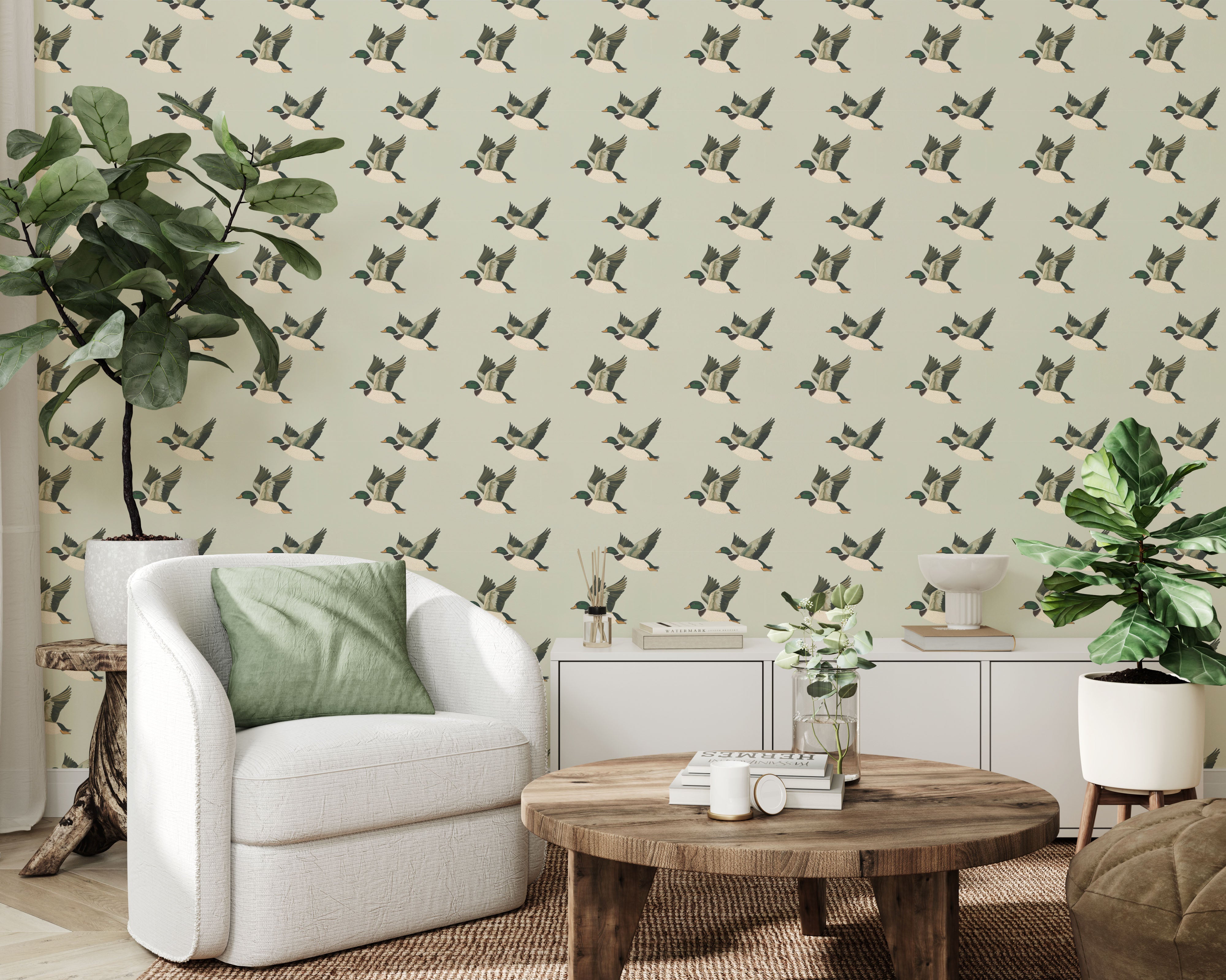 Living room with flying duck wallpaper, indoor plants, and wood coffee table