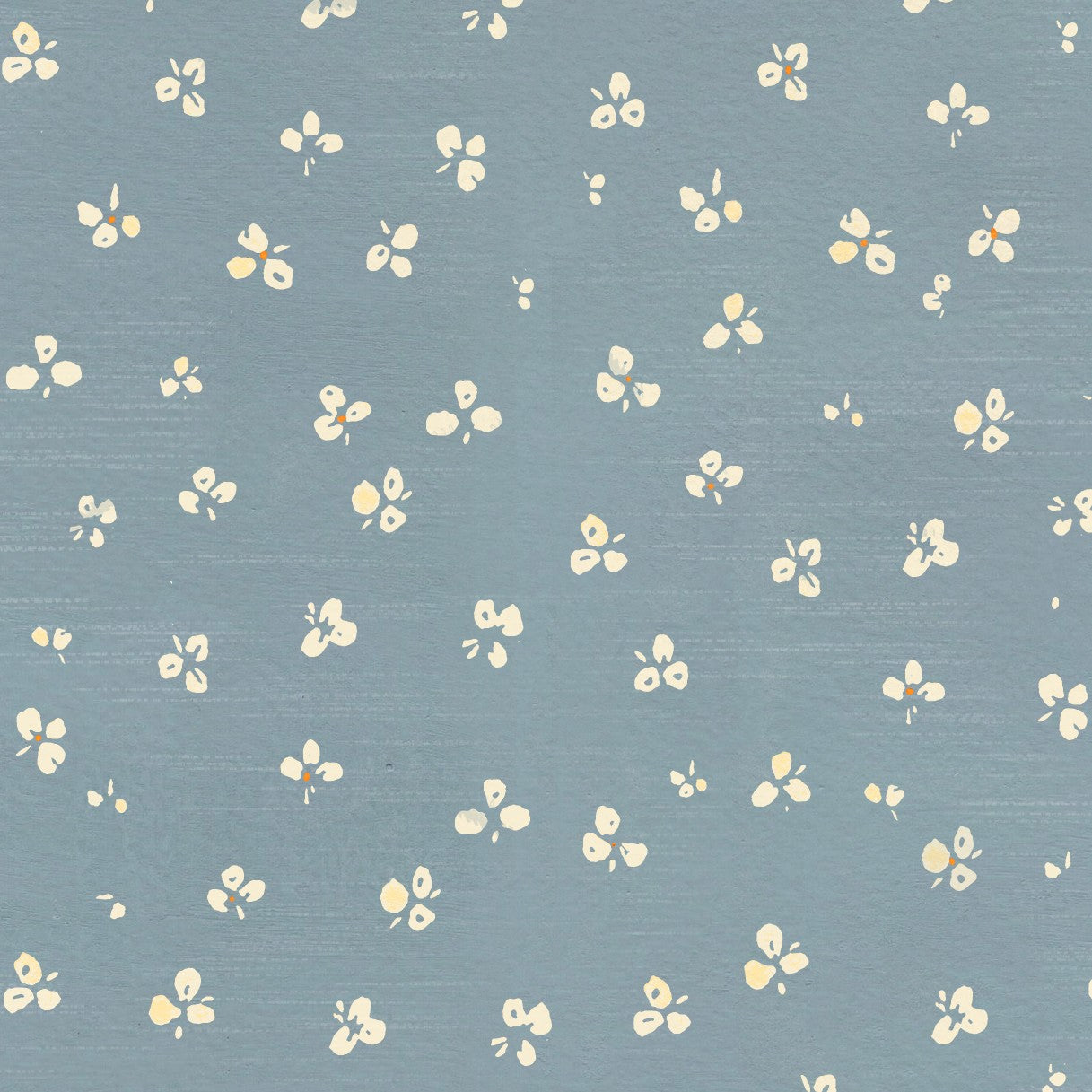 A close-up of a wallpaper pattern featuring small cream-colored floral motifs on a dusty blue background.