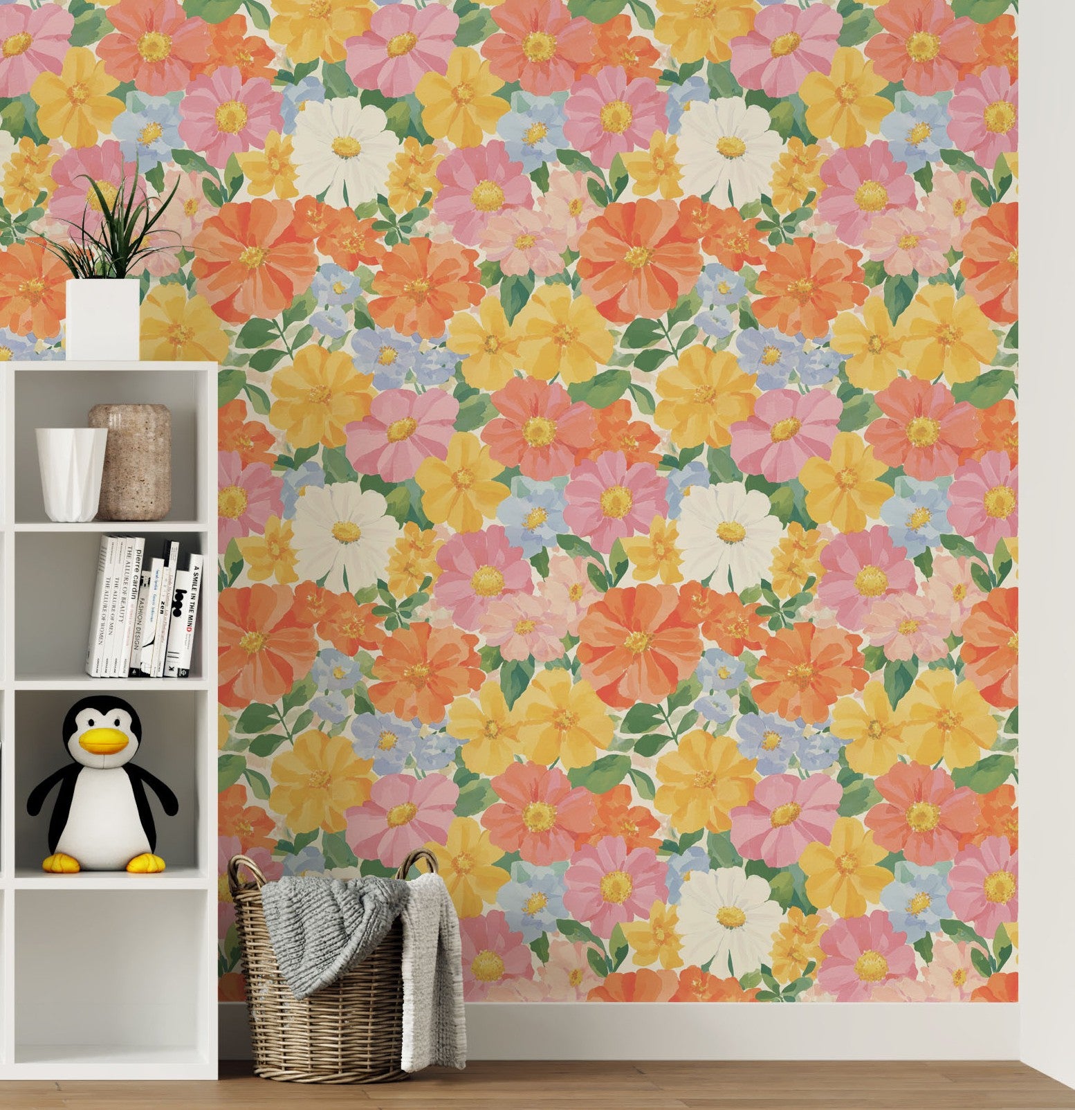 Colorful retro floral wallpaper with pink, yellow and orange flowers styled in a kids room with white shelving