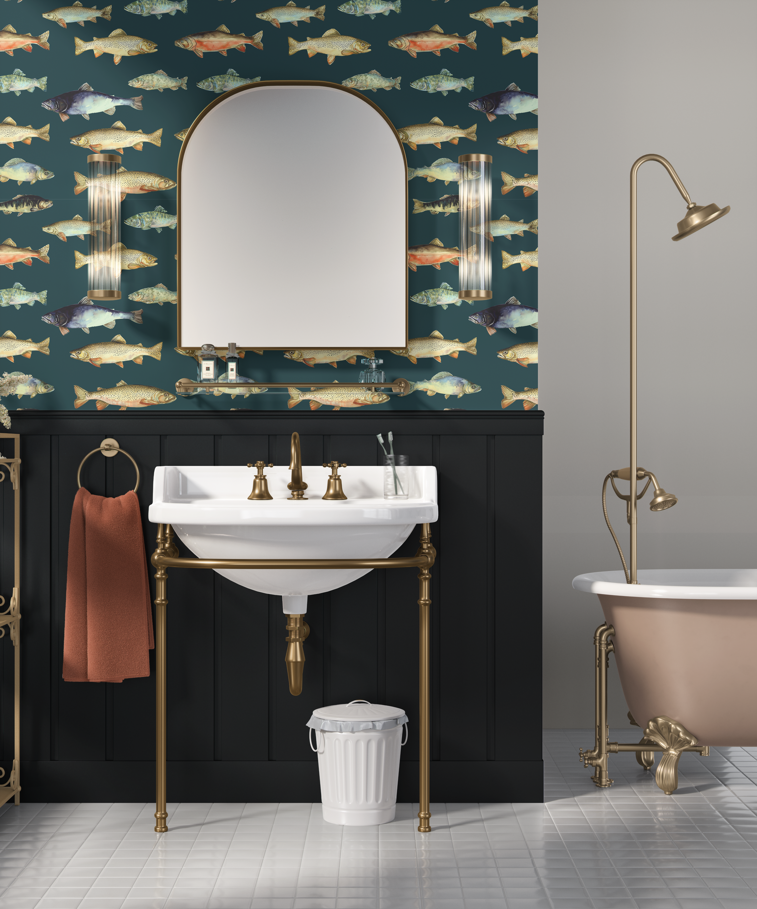 Freshwater fish wallpaper in a bathroom with black vanity and brass fixtures