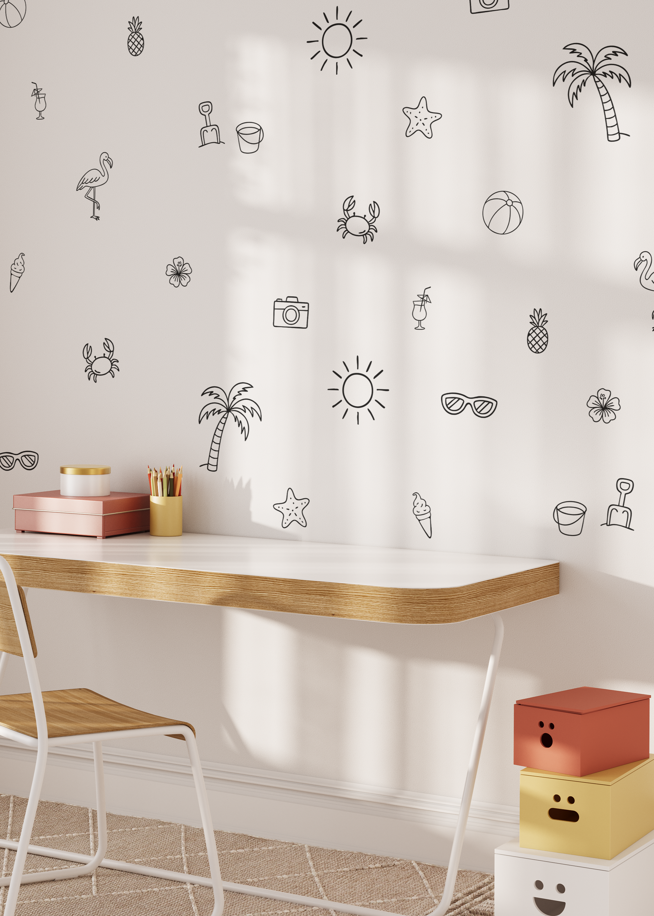 Simple beach decals applied in kids study area — palm trees, sun, crabs, and sunglasses on a light pink wall