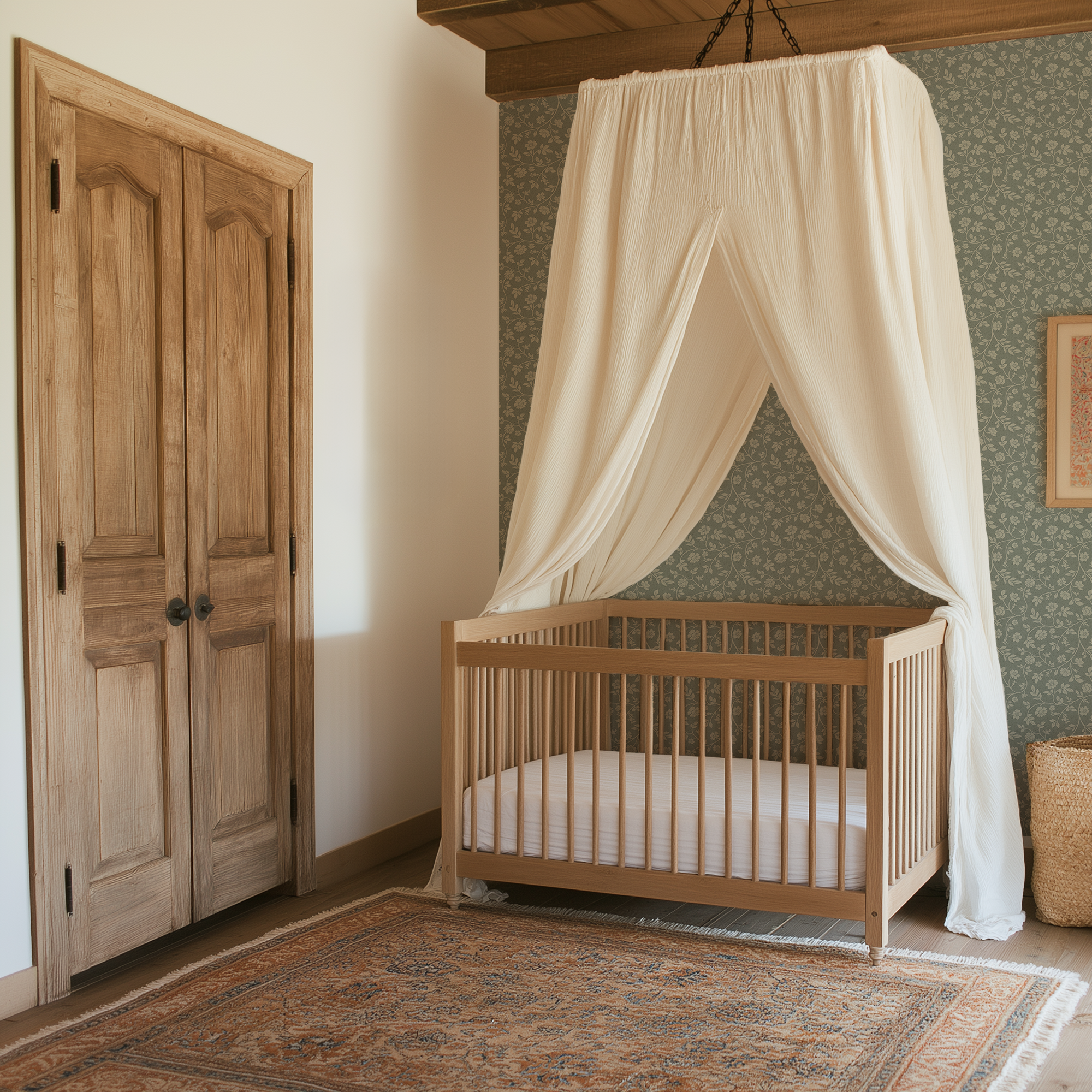 Garden Calico wallpaper with vintage floral vine pattern and soft sage green background in an elegant room setting