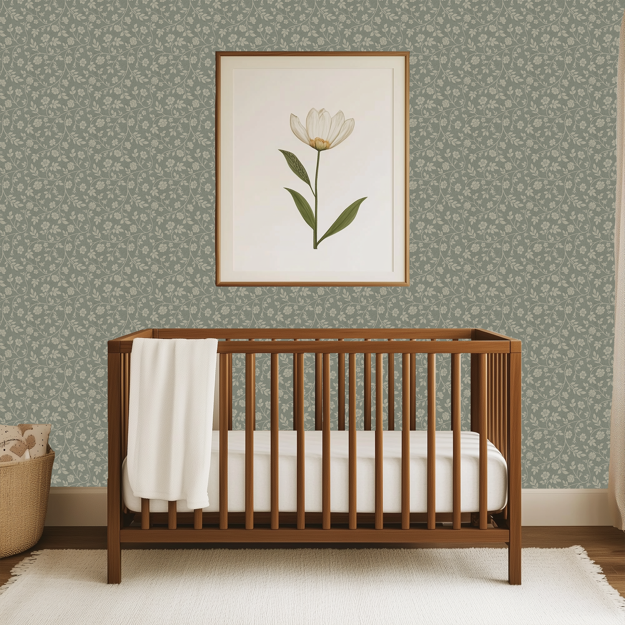 Garden Calico floral wallpaper with scattered cream blossoms and trailing botanical vines in a vintage nursery design