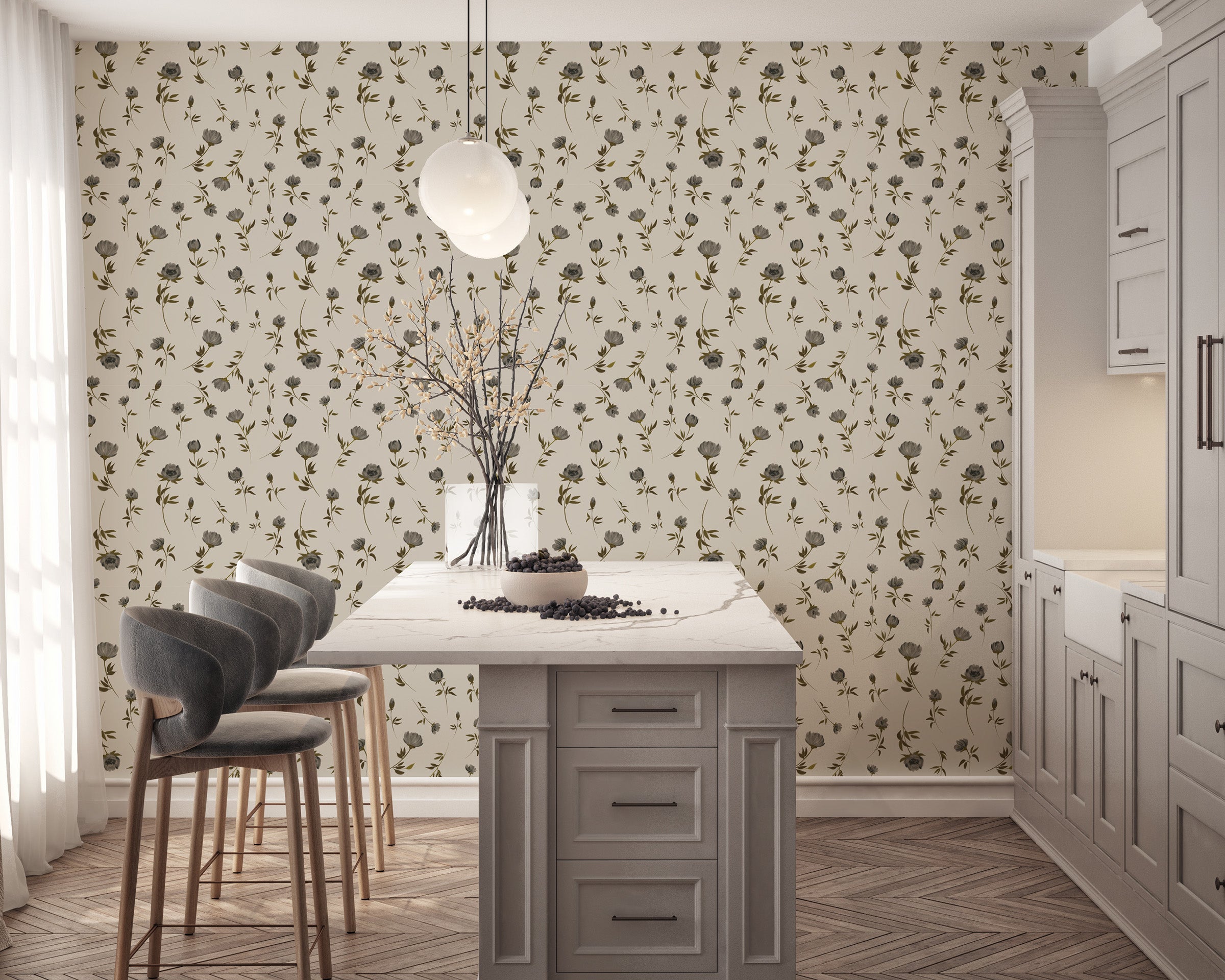 Grace Floral wallpaper installed in a bright kitchen with island seating and classic cabinetry