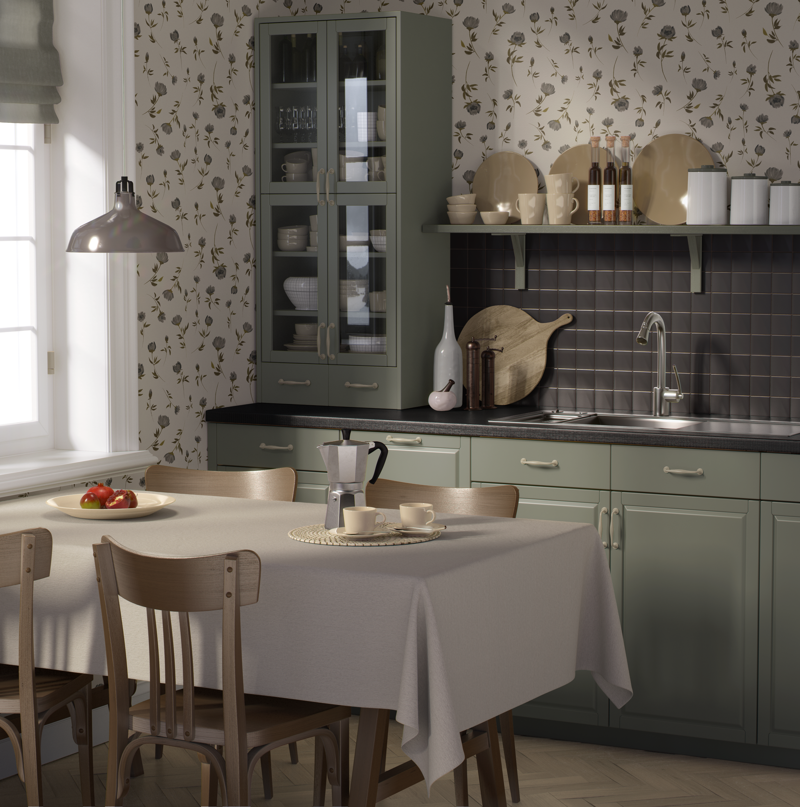 Kitchen with Valspar Warm Eucalyptus paint and Grace Floral wallpaper