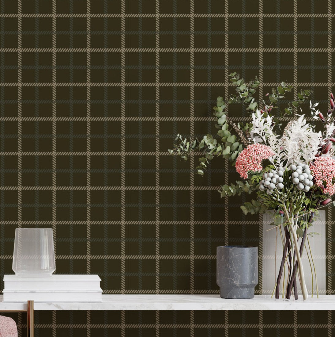 Plaid wallpaper with a vase of flowers and books on a table