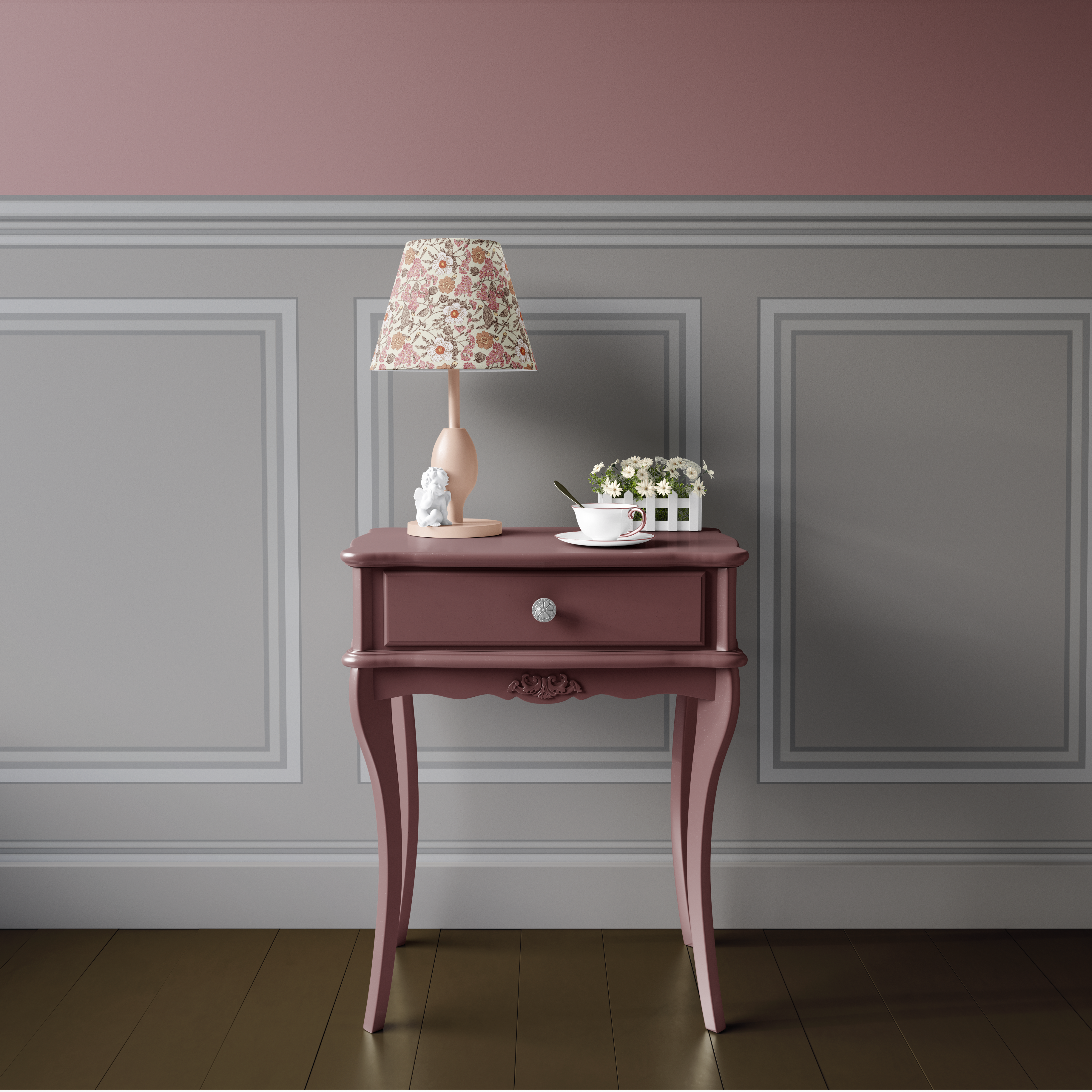 Grey board and batten wallpaper behind pink nightstand and floral lamp in elegant room