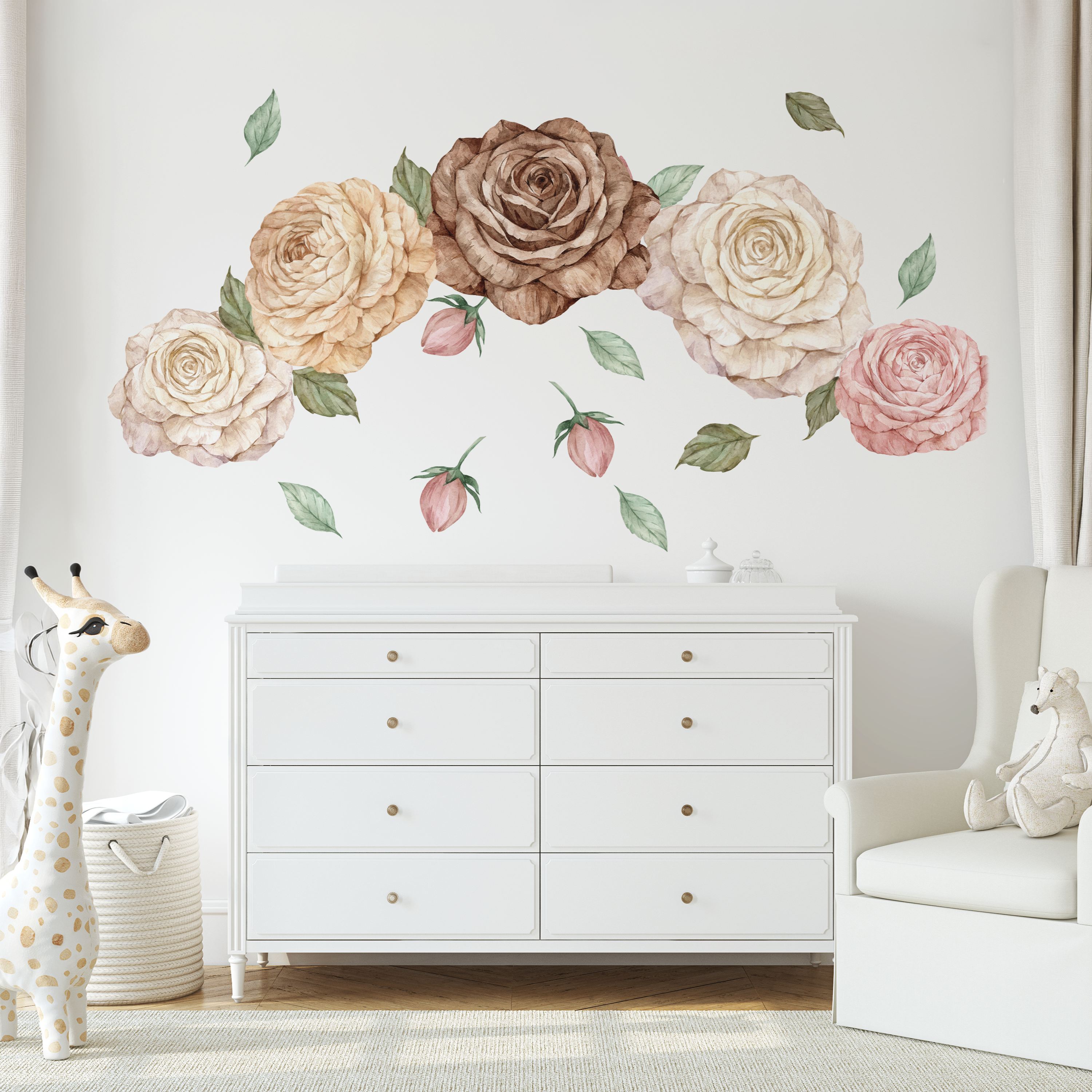 large neutral flower wall decals arranged in arch above dresser, beige blush and brown roses nursery wall decor