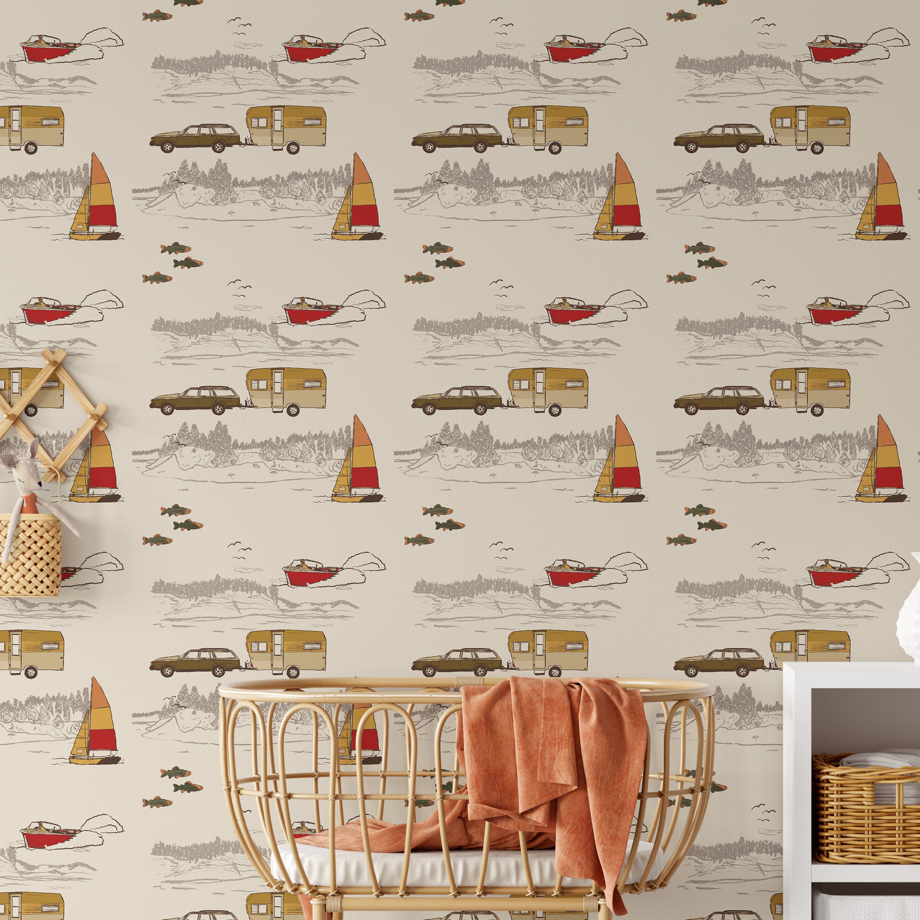 outdoor themed nursery wallpaper with rattan crib, retro camper lake design wallpaper in warm neutral tones
