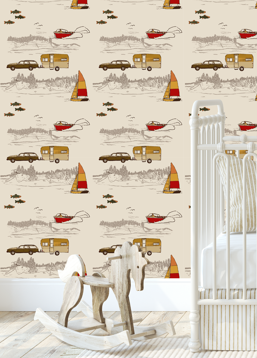vintage camping wallpaper in nursery with crib, retro camper car boat lake pattern wallpaper for kids room decor