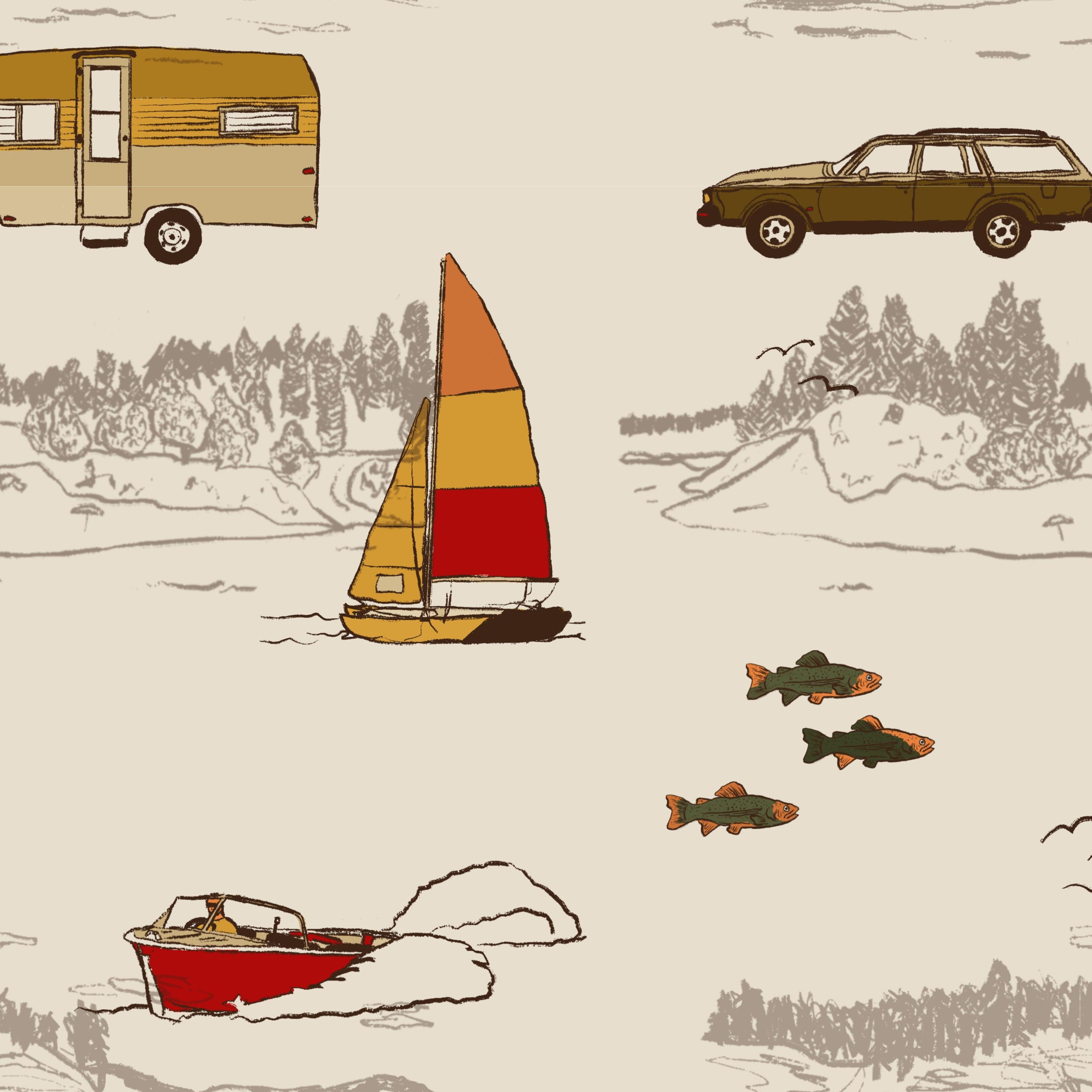 sample view of camping wallpaper pattern showing sailboat, fish, red boat and retro camper trailer details