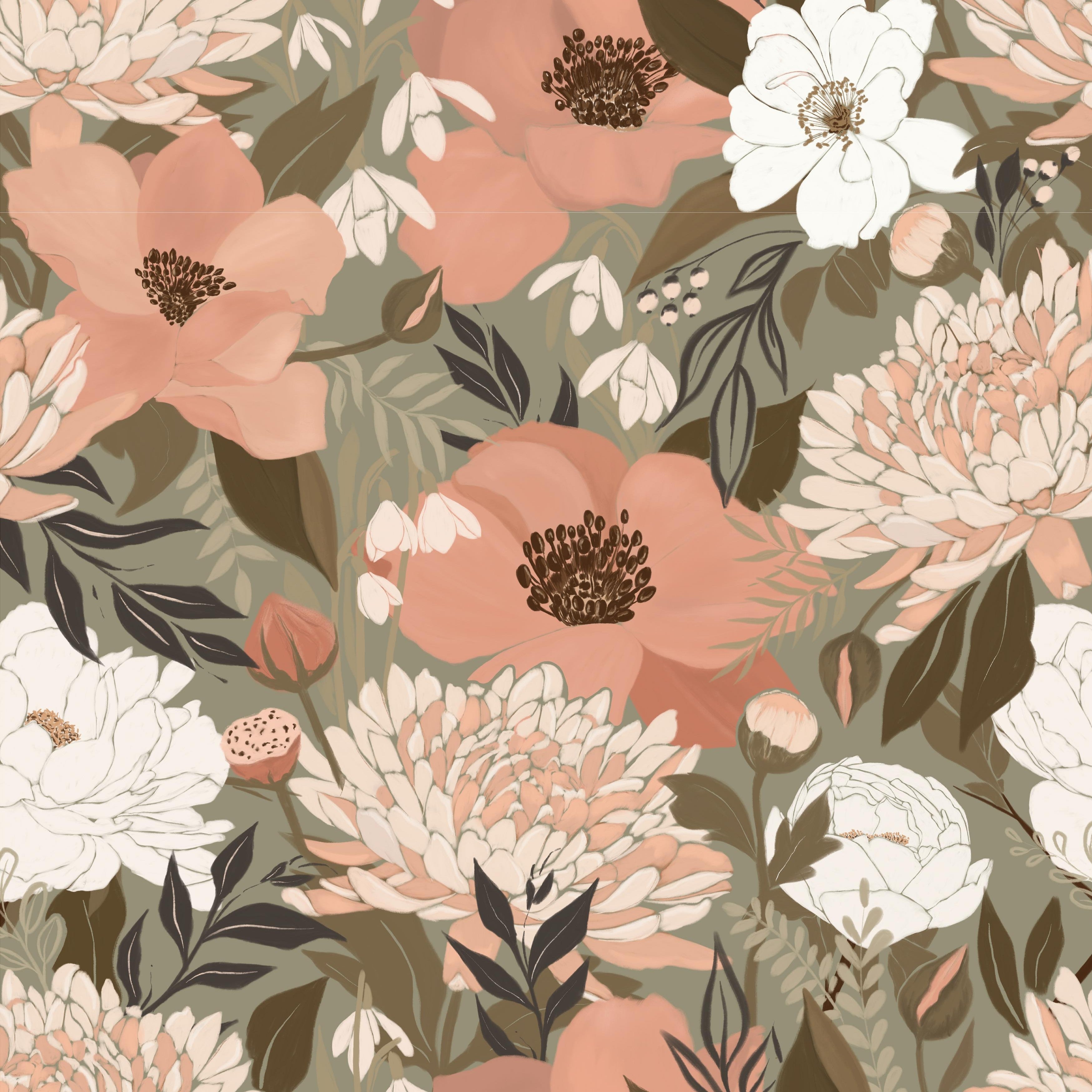 Peach poppy and cream chrysanthemum floral wallpaper on sage green background, vintage botanical pattern detail