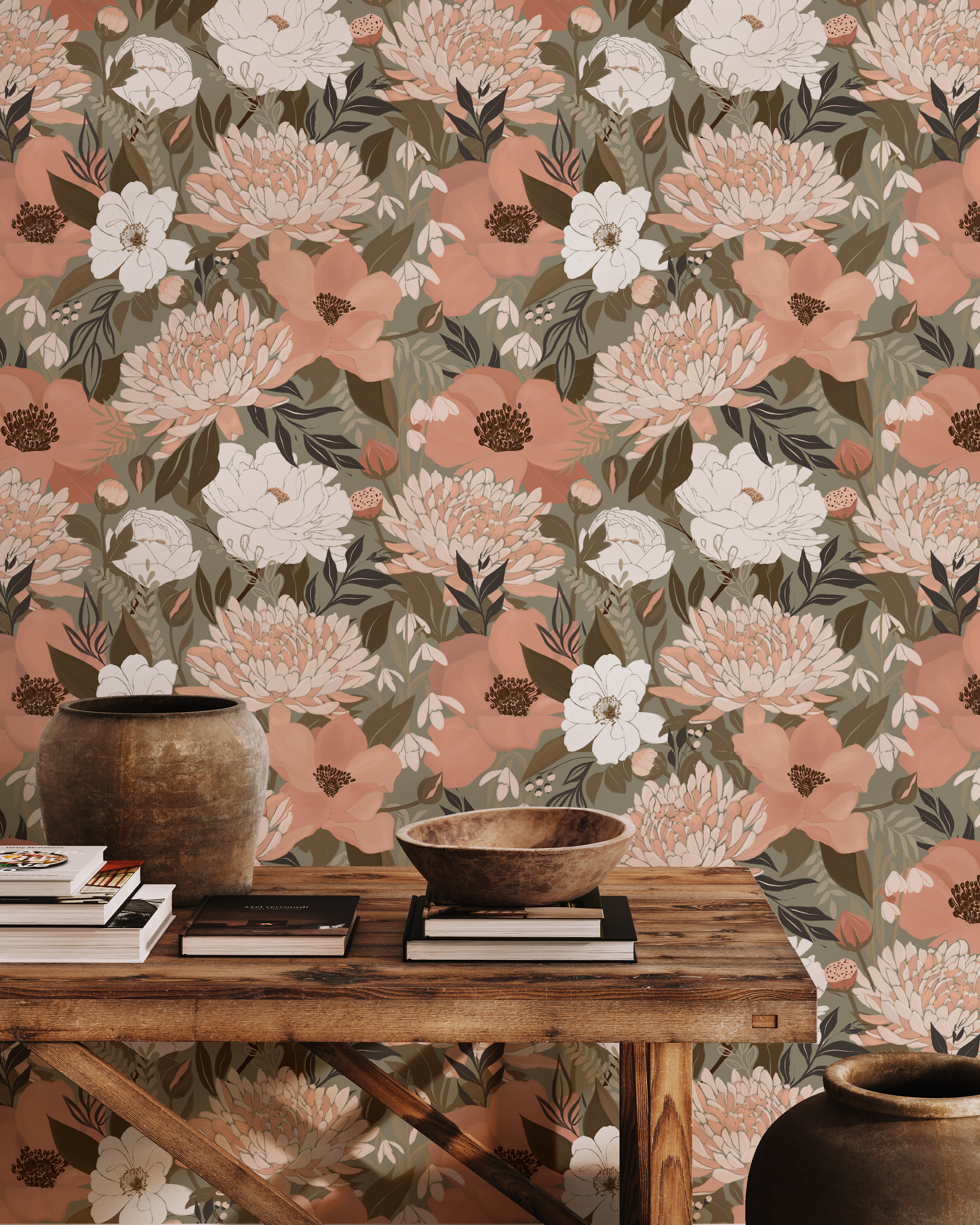 Harvest Bloom floral wallpaper with peach poppies and cream chrysanthemums, cottage style botanical wall decor