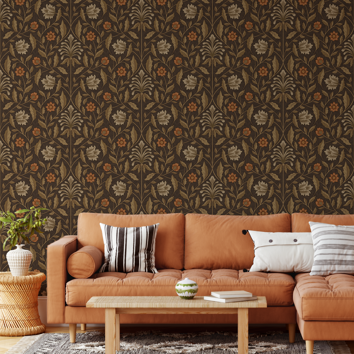 Brown botanical floral wallpaper with rust and cream flowers styled across a living room wall with a warm orange sectional sofa.