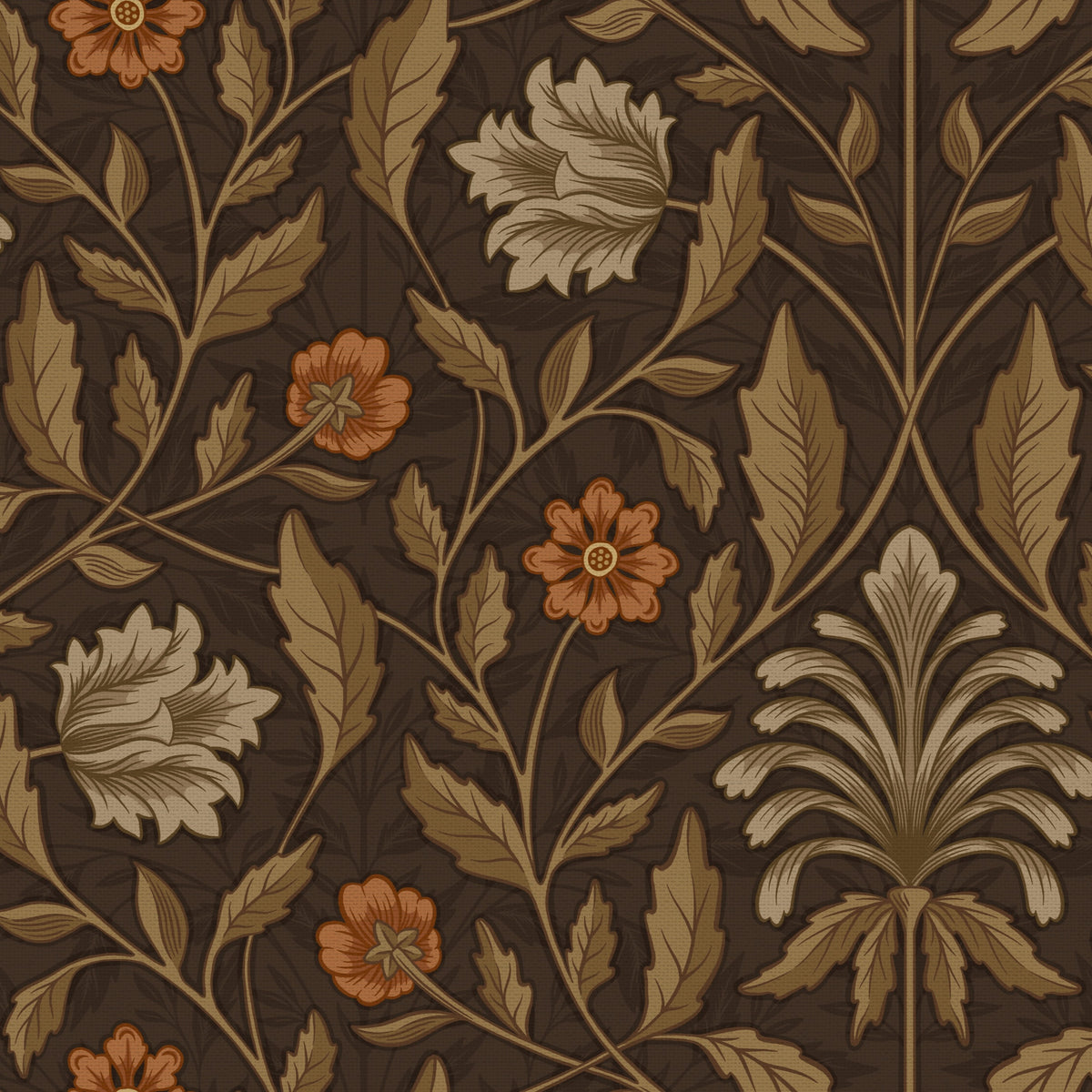 Close-up sample of Hawthorn House wallpaper featuring cream and rust flowers, brown botanical leaves and a dark chocolate background.