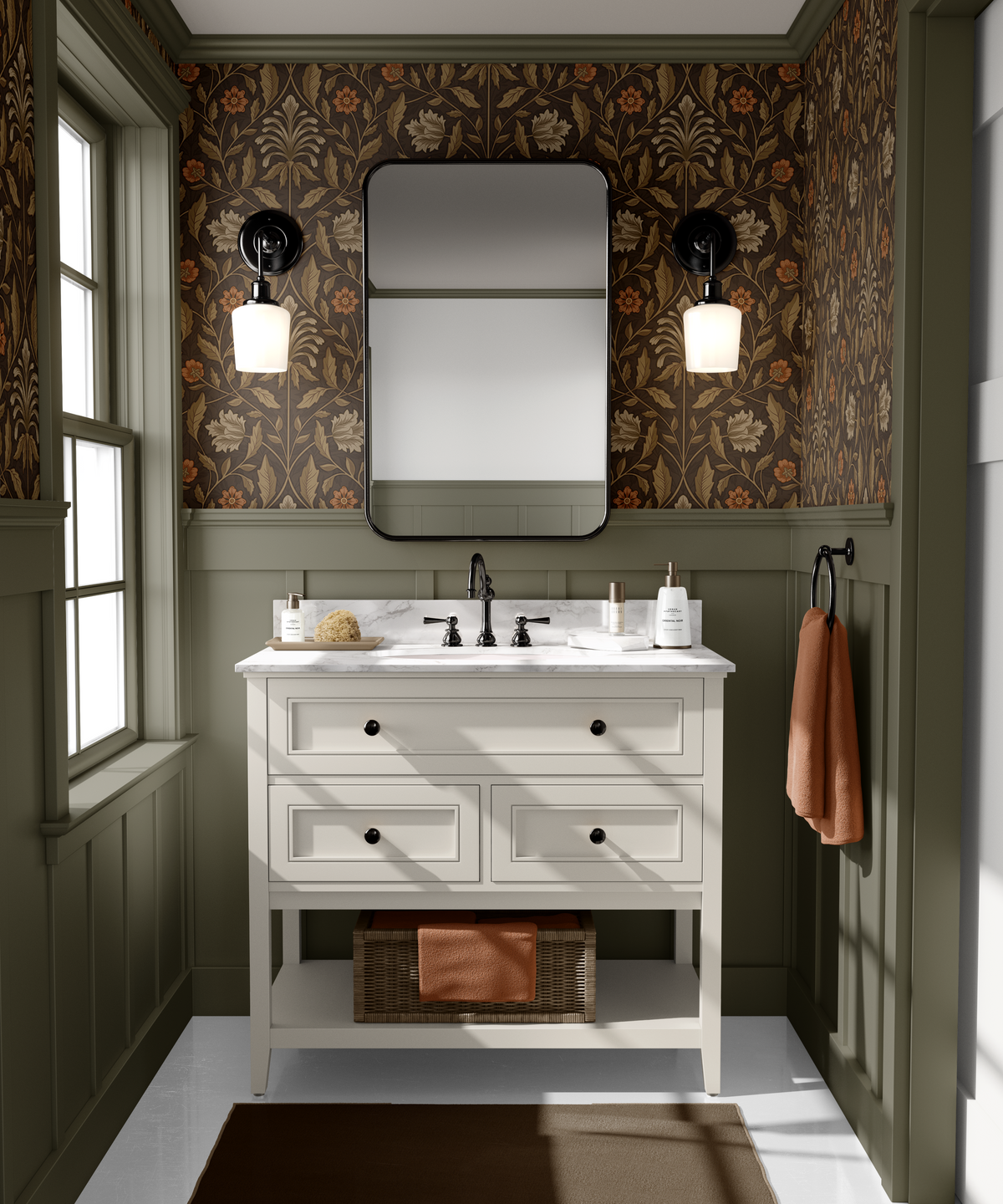 Hawthorn House William Morris style wallpaper in a vintage bathroom with olive green wall paneling, white vanity and rust accents.