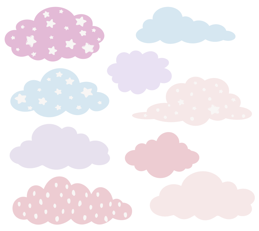 Set of pastel cloud wall decals in pink, blue, lavender, and beige with star and dot patterns for nursery or kids room wall decor