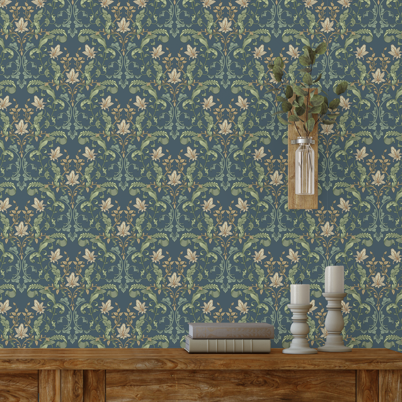 Heritage Botanical Wallpaper featuring cream flowers and sage green vines on a blue background