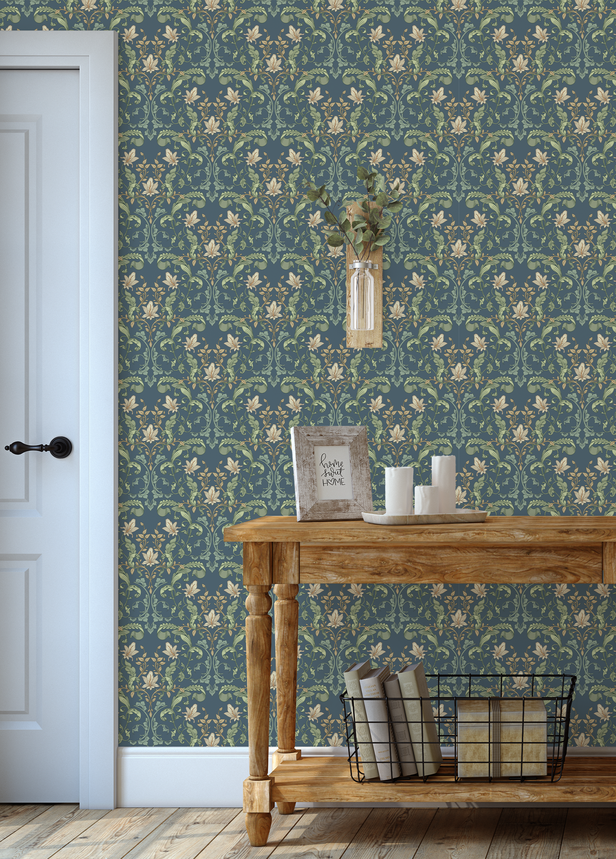 Vintage botanical wallpaper with floral motifs displayed in an entryway with rustic wood furniture