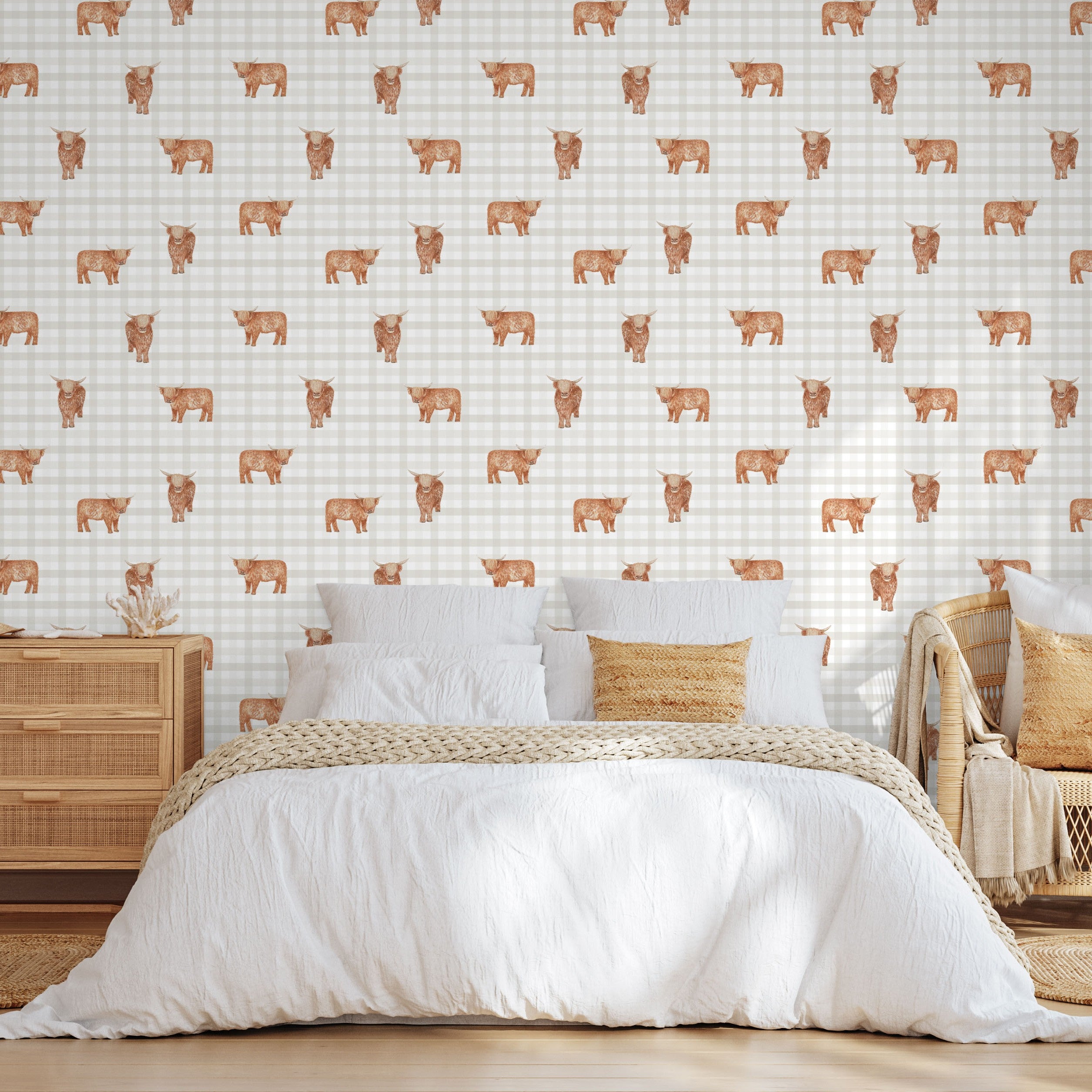 Bedroom with a cow patterned wallpaper and wooden furniture.