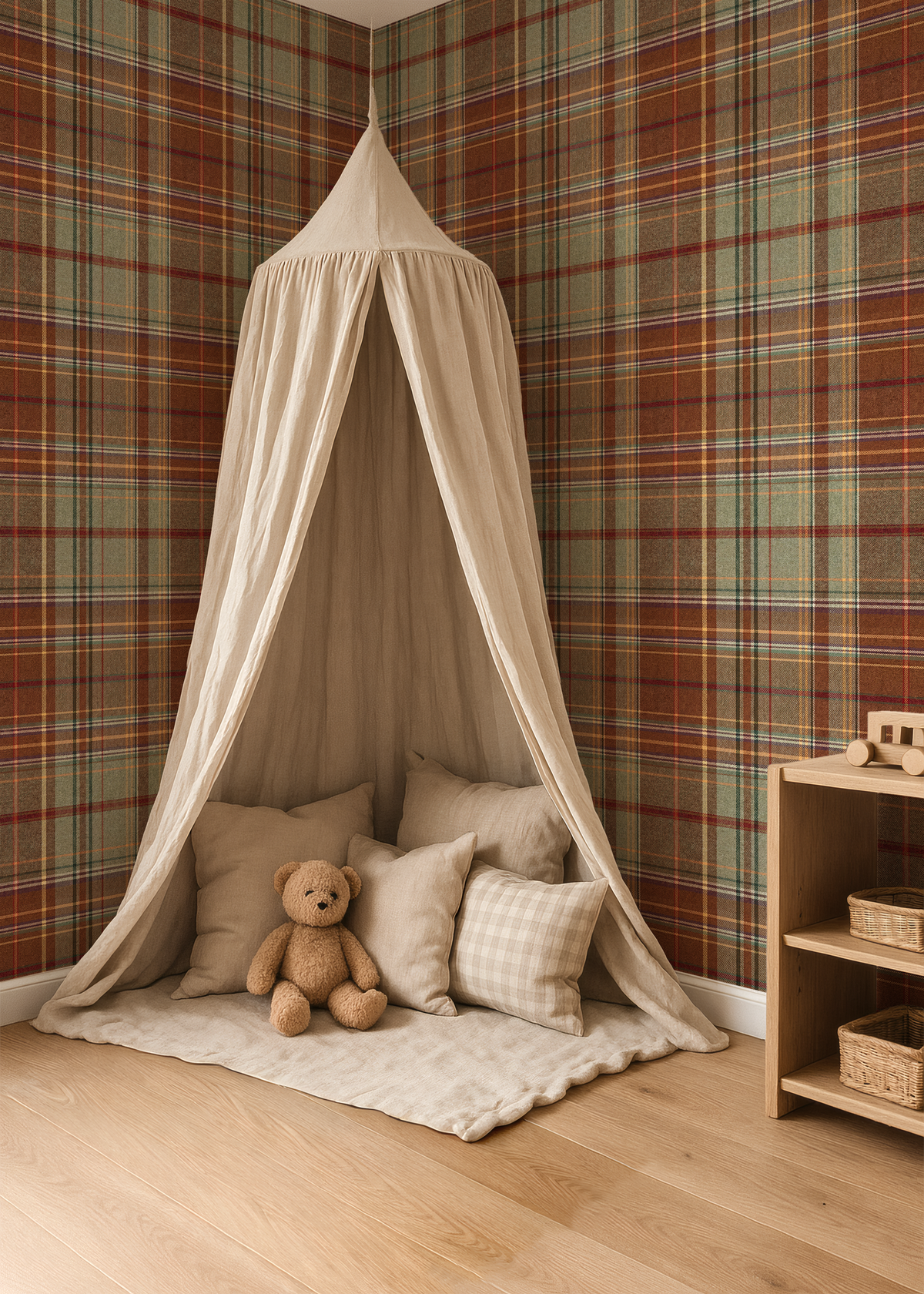 Rust and sage green plaid wallpaper with classic Scottish tartan pattern and warm traditional styling