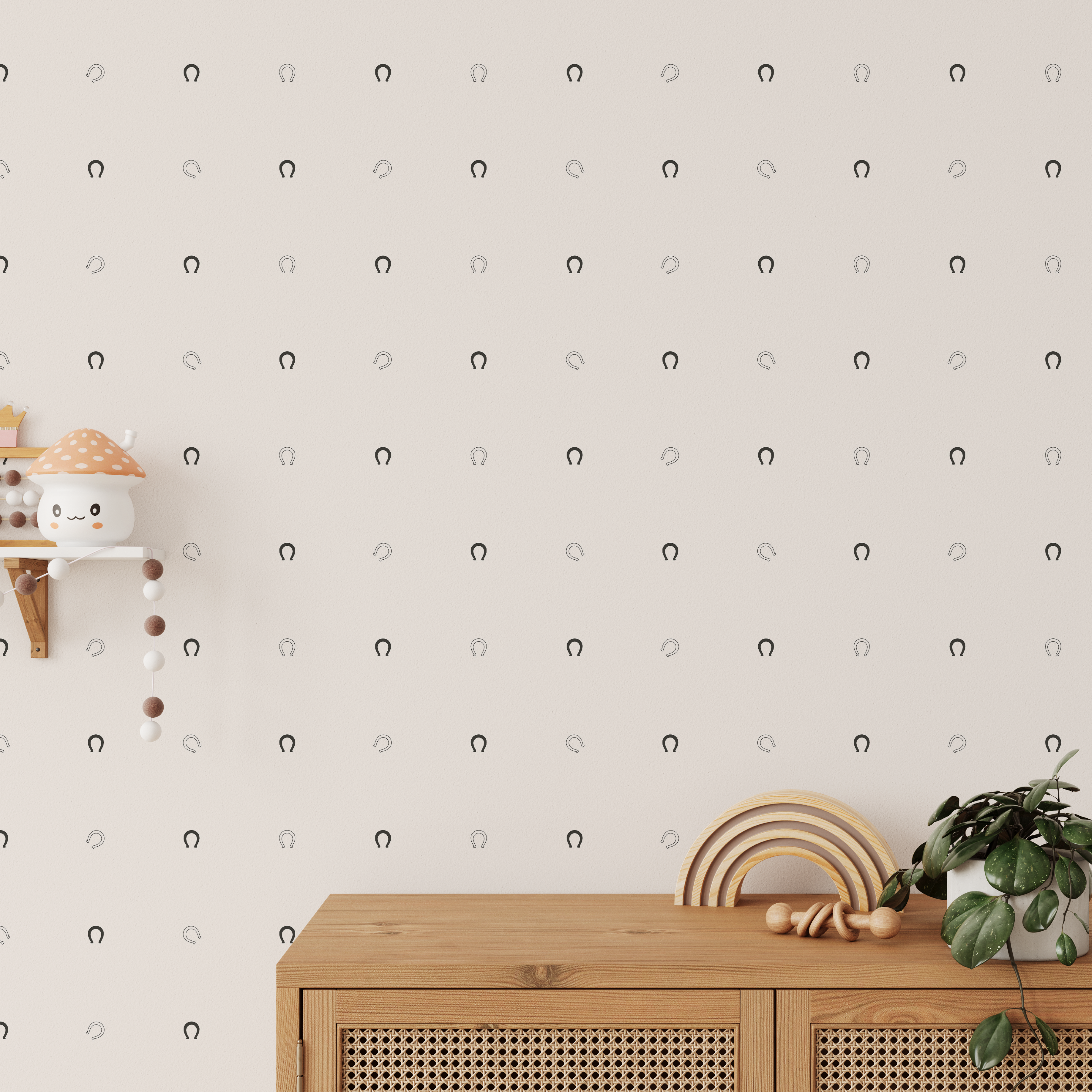 dainty horseshoe wallpaper in nursery with warm wood furniture and neutral decor