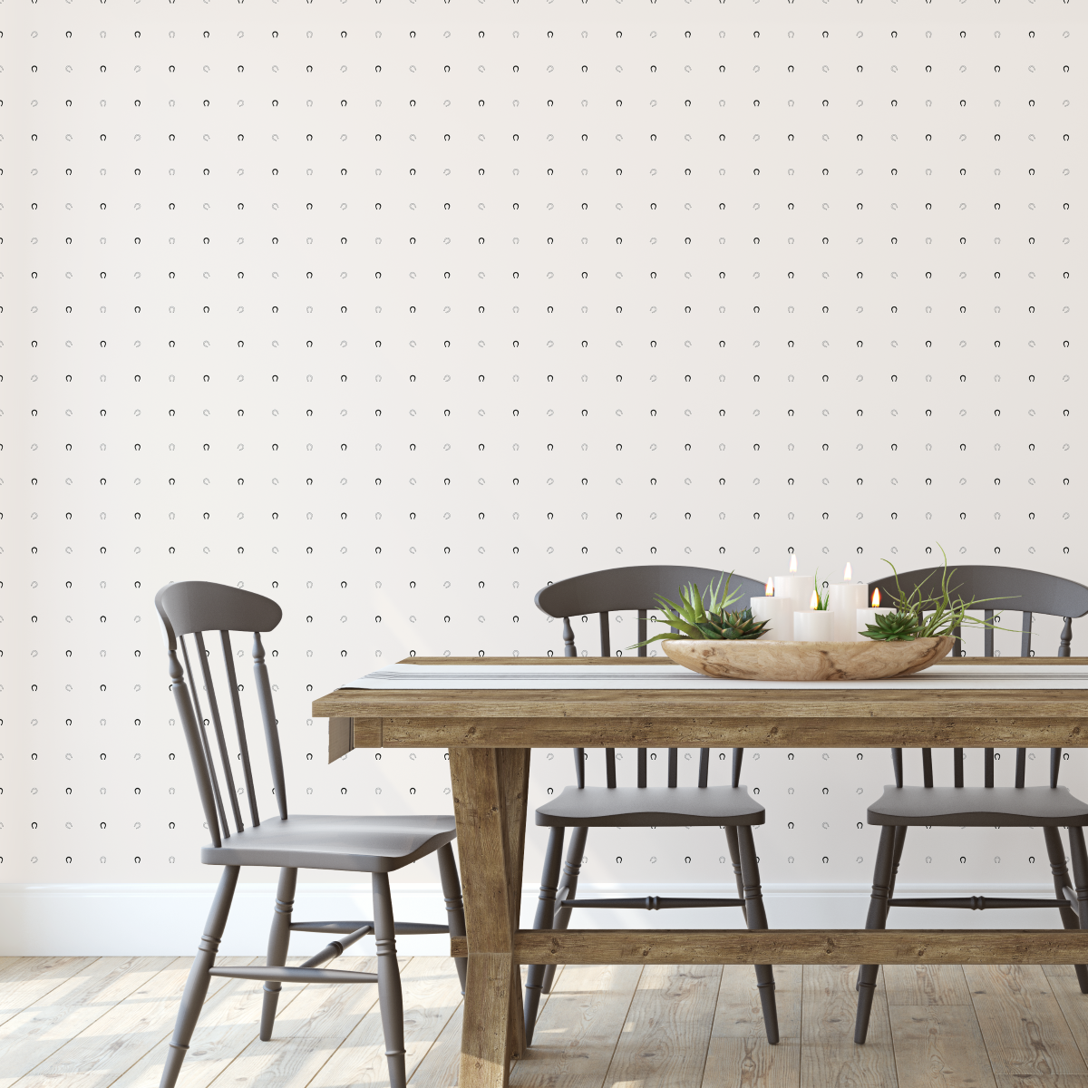 modern ranch horseshoe wallpaper in dining room with rustic wood table and grey chairs