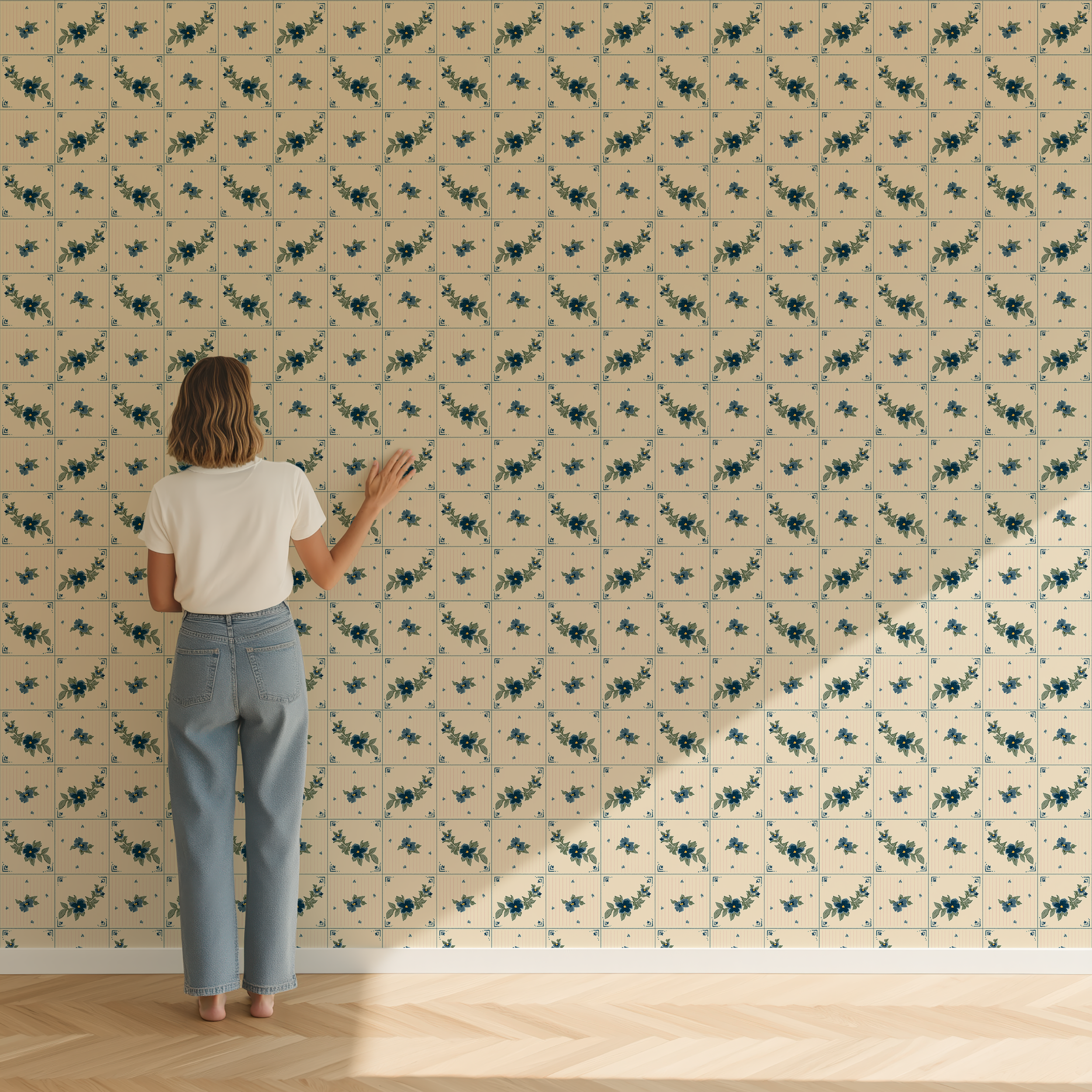 Azulejo blue floral tile wallpaper installed on full wall with vintage cream and blue Portuguese inspired pattern