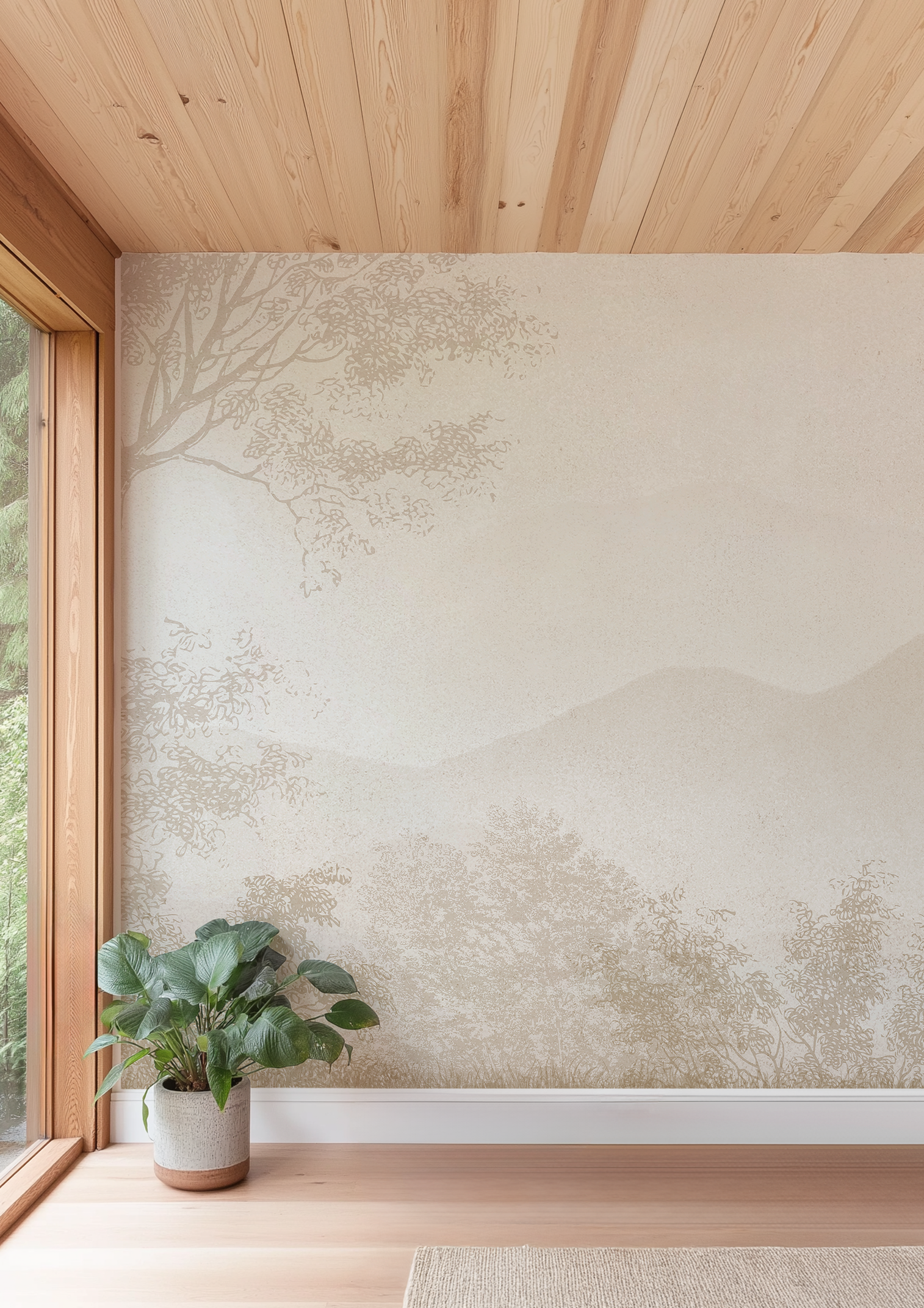 Neutral Japandi mountain wall mural in a modern home with natural wood accents and calming minimalist decor