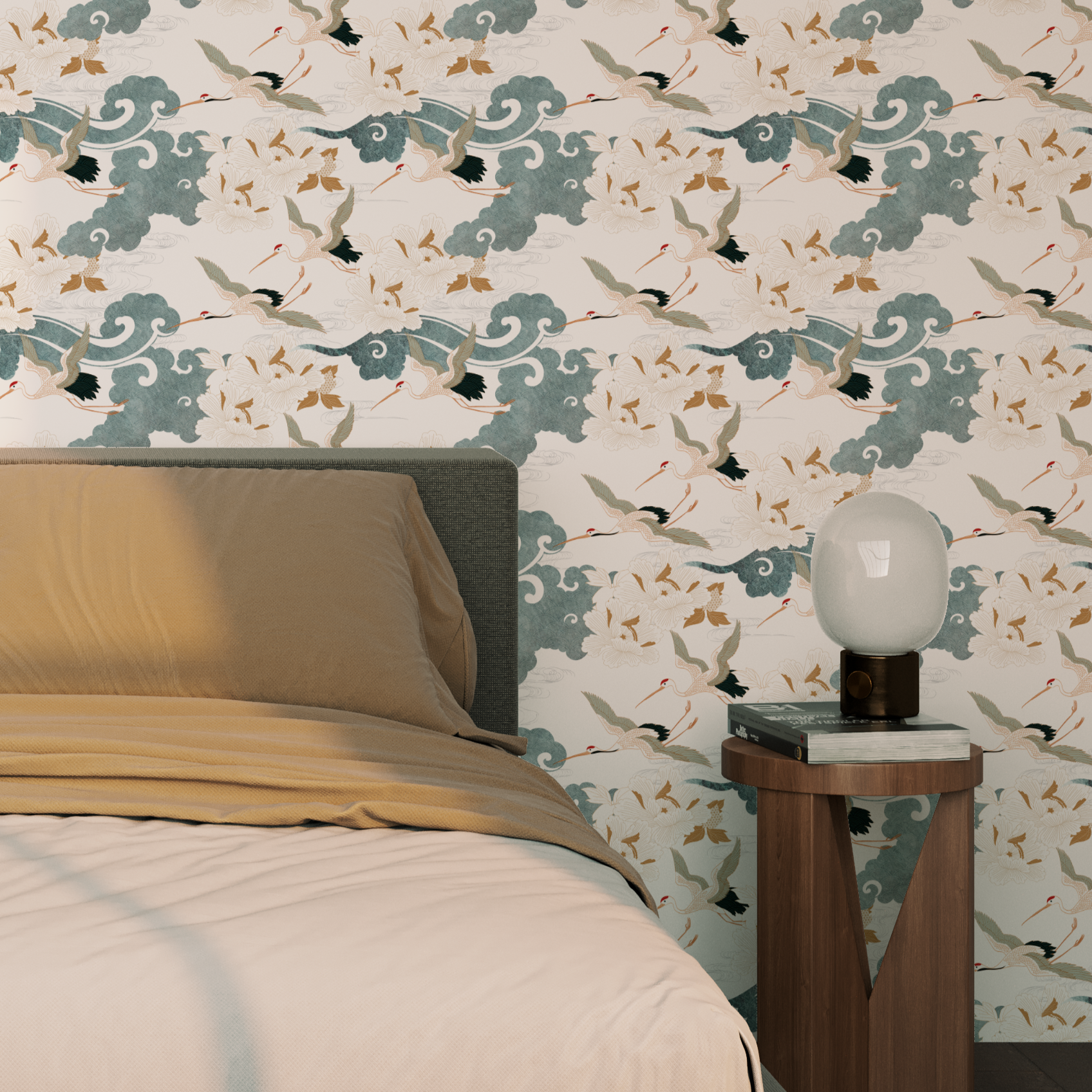 Japanese Crane Wallpaper in modern bedroom featuring flying cranes, floral motifs, and blue wave patterns