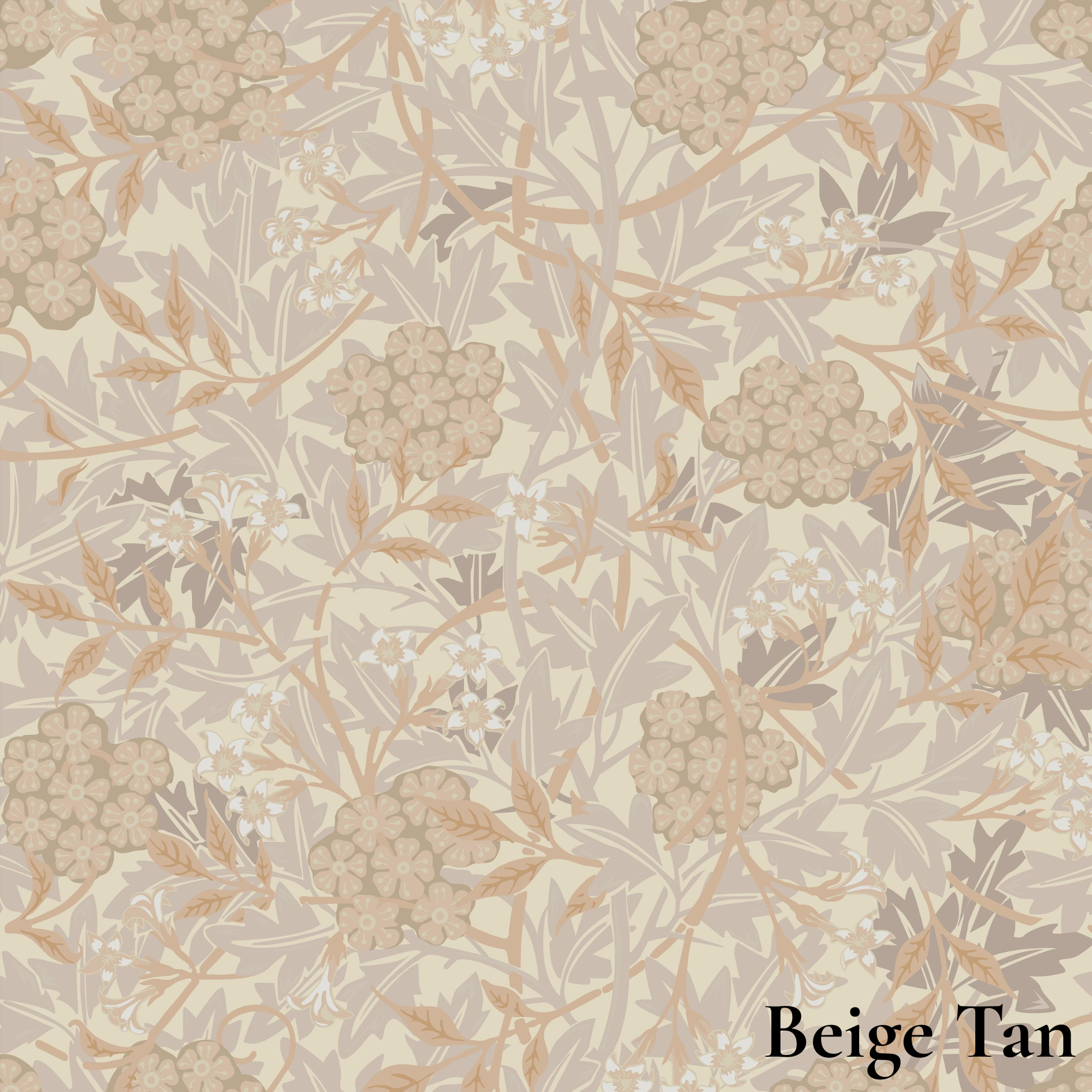 Beige and tan botanical pattern swatch with repeating flowers, leaves, and stems on a light cream background, with the text 'Beige Tan' in the lower right corner.