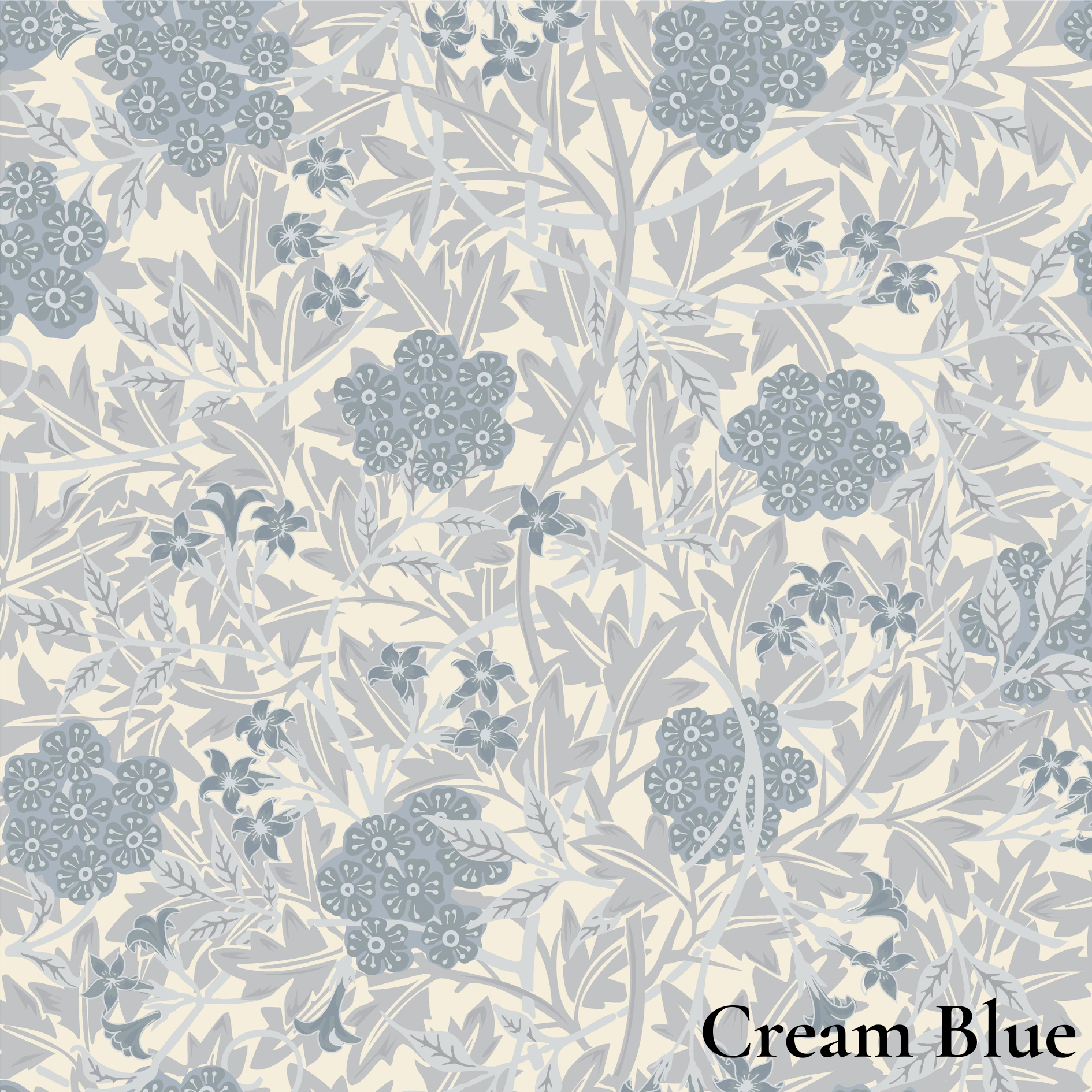 A repeating floral pattern in soft cream and muted blue-gray, with the text 'Cream Blue' in the lower right corner.