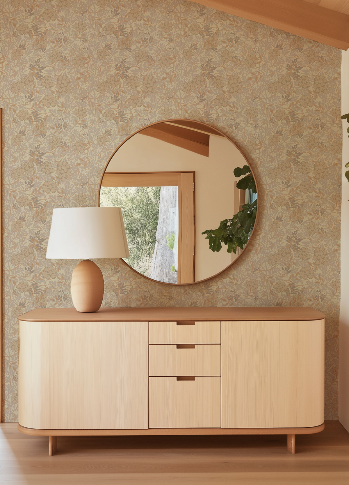 A light natural wood sideboard or credenza with three drawers and two cabinet doors, styled in a warm, minimalist room with a round wood-framed mirror, a beige table lamp, and textured wallpaper.