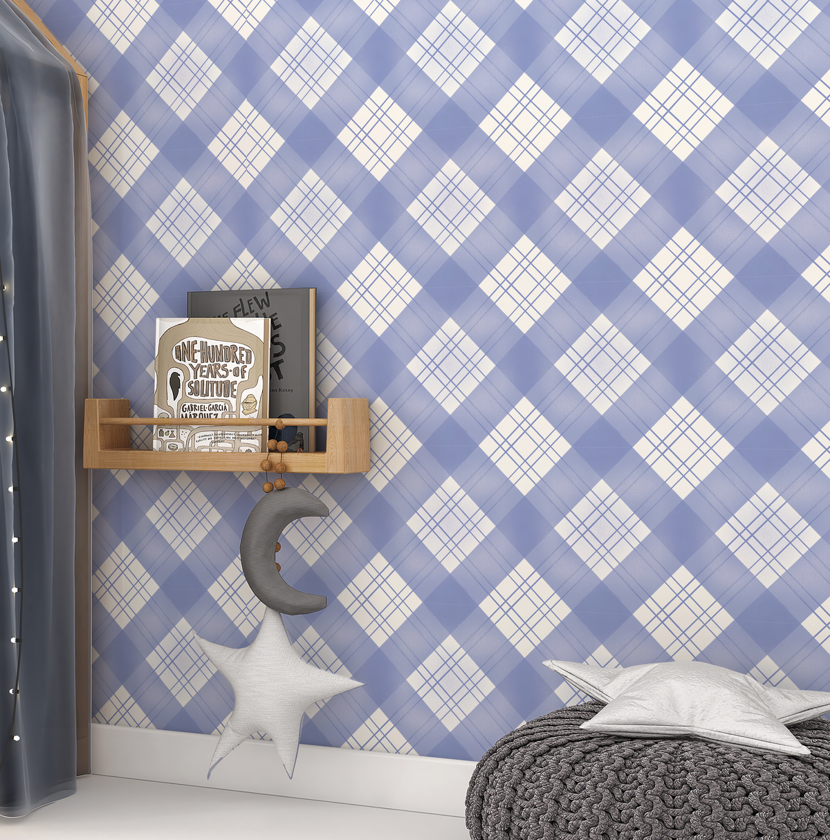 Jaylin Blue Plaid Wallpaper featuring periwinkle blue and white diagonal checks styled in a cozy kids bedroom with moon and star decorations.