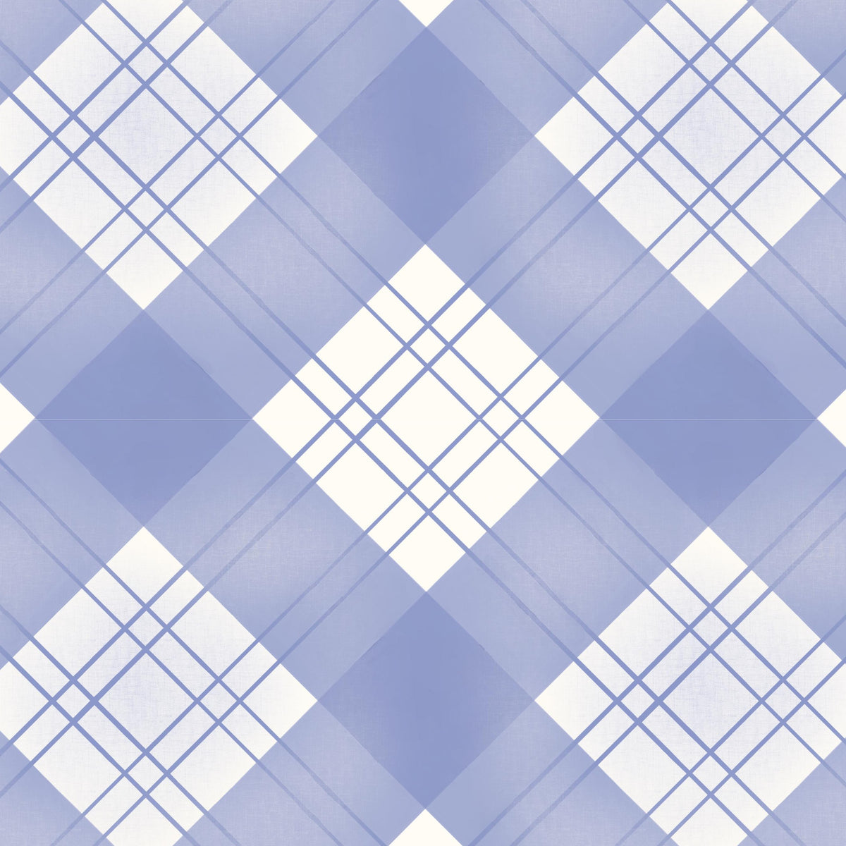 Close-up of Jaylin Blue Plaid Wallpaper showing periwinkle blue and white tartan pattern with overlapping fine lines and layered diagonal checks.