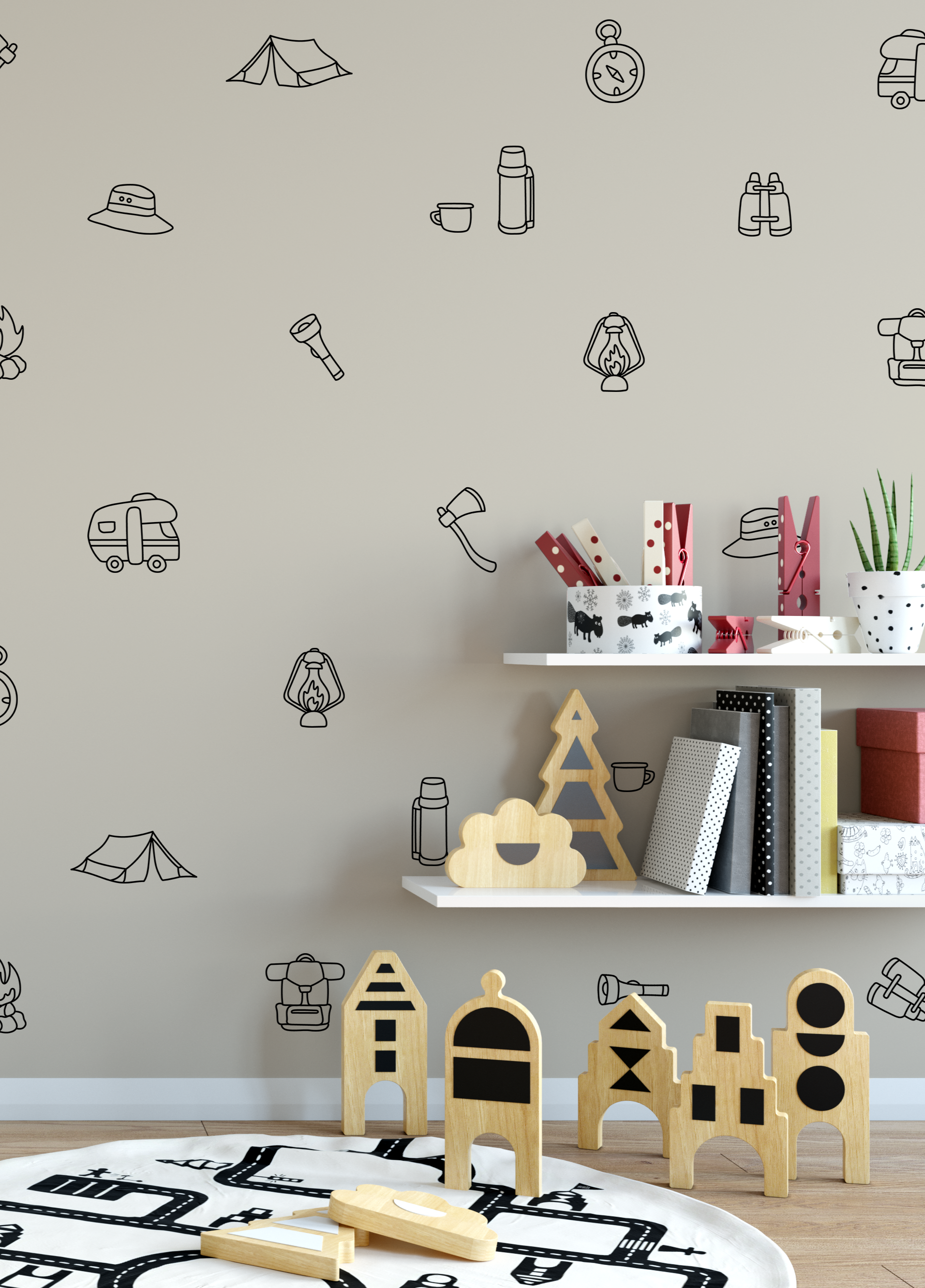 Simple camping wall decals in black outline on beige wall in kids' room with shelf, toys, and nature-themed decor.