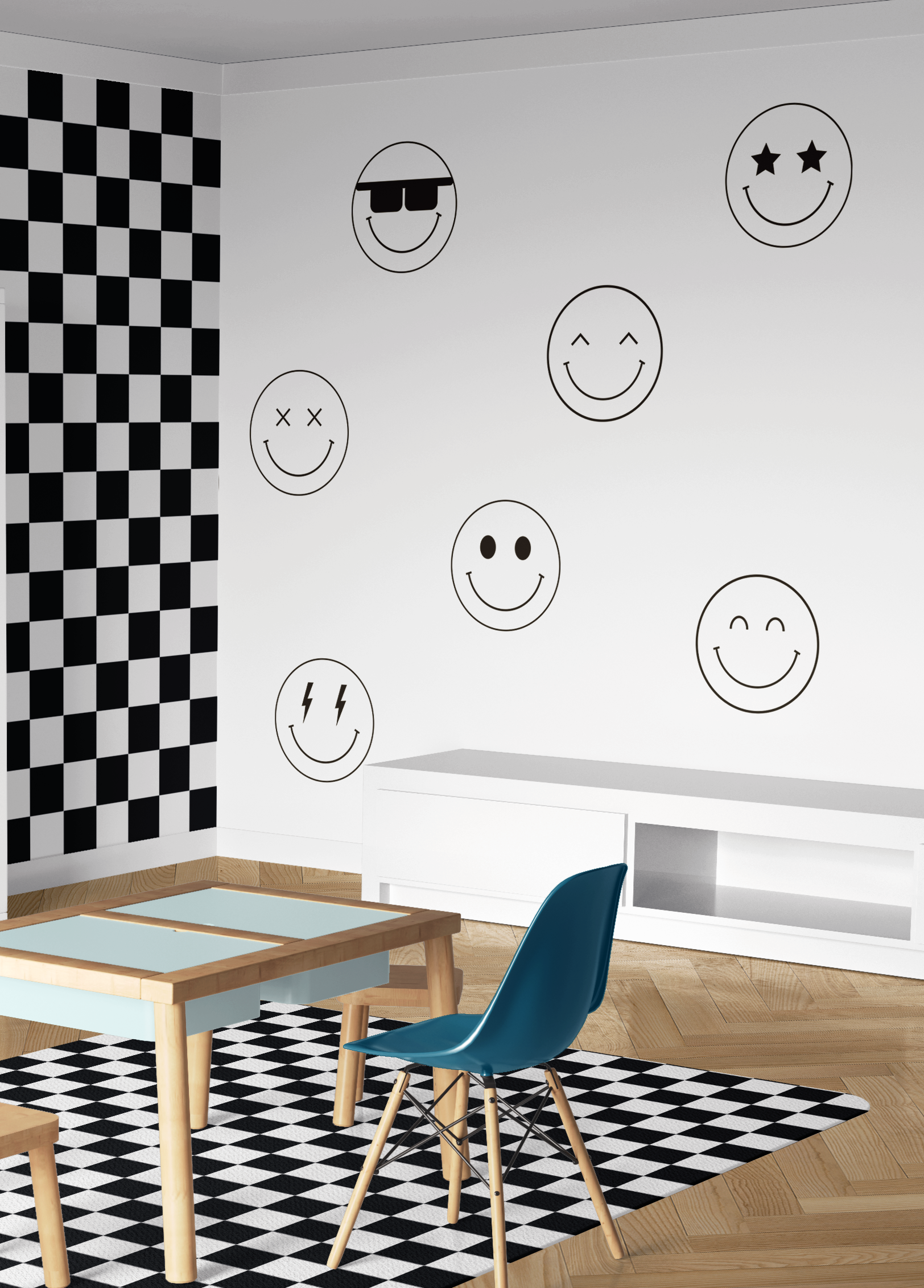 Black and white checkered kids room with large smiley face wall decals on white wall and wooden furniture
