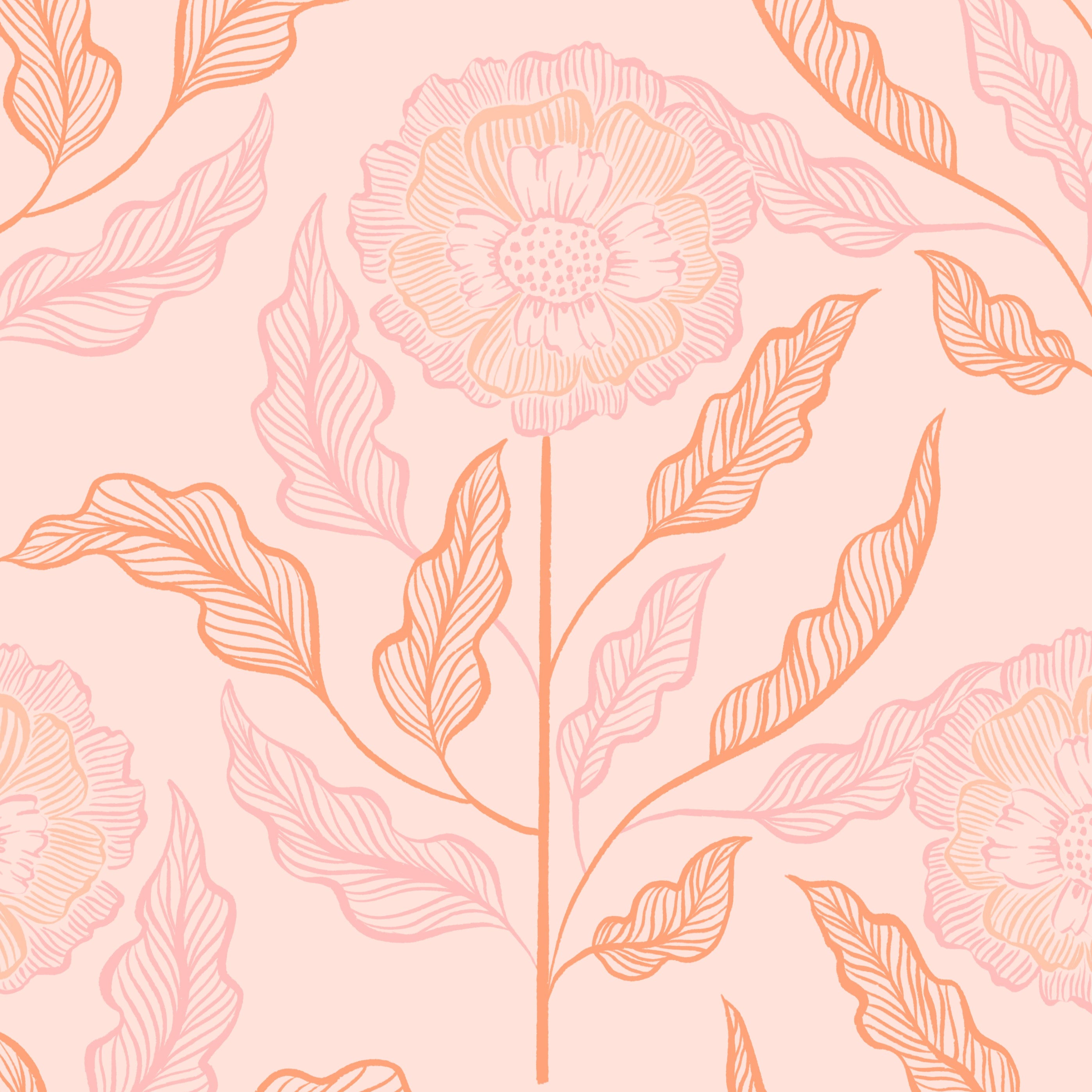 Close-up of hand-drawn flower pattern in pink and orange on blush background