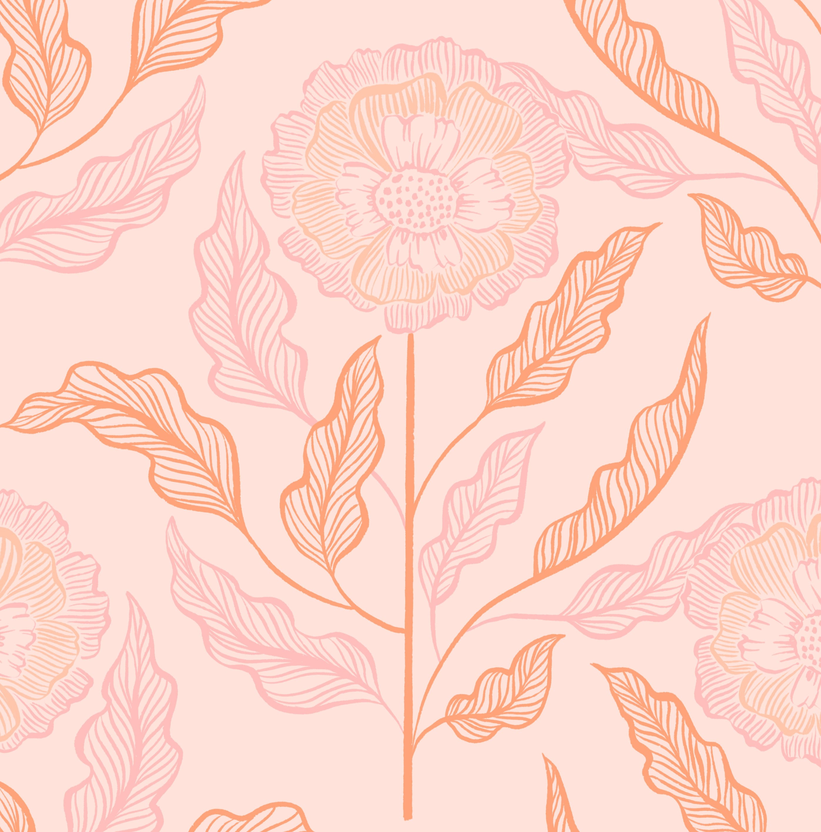 Close-up of hand-drawn flower pattern in pink and orange on blush background