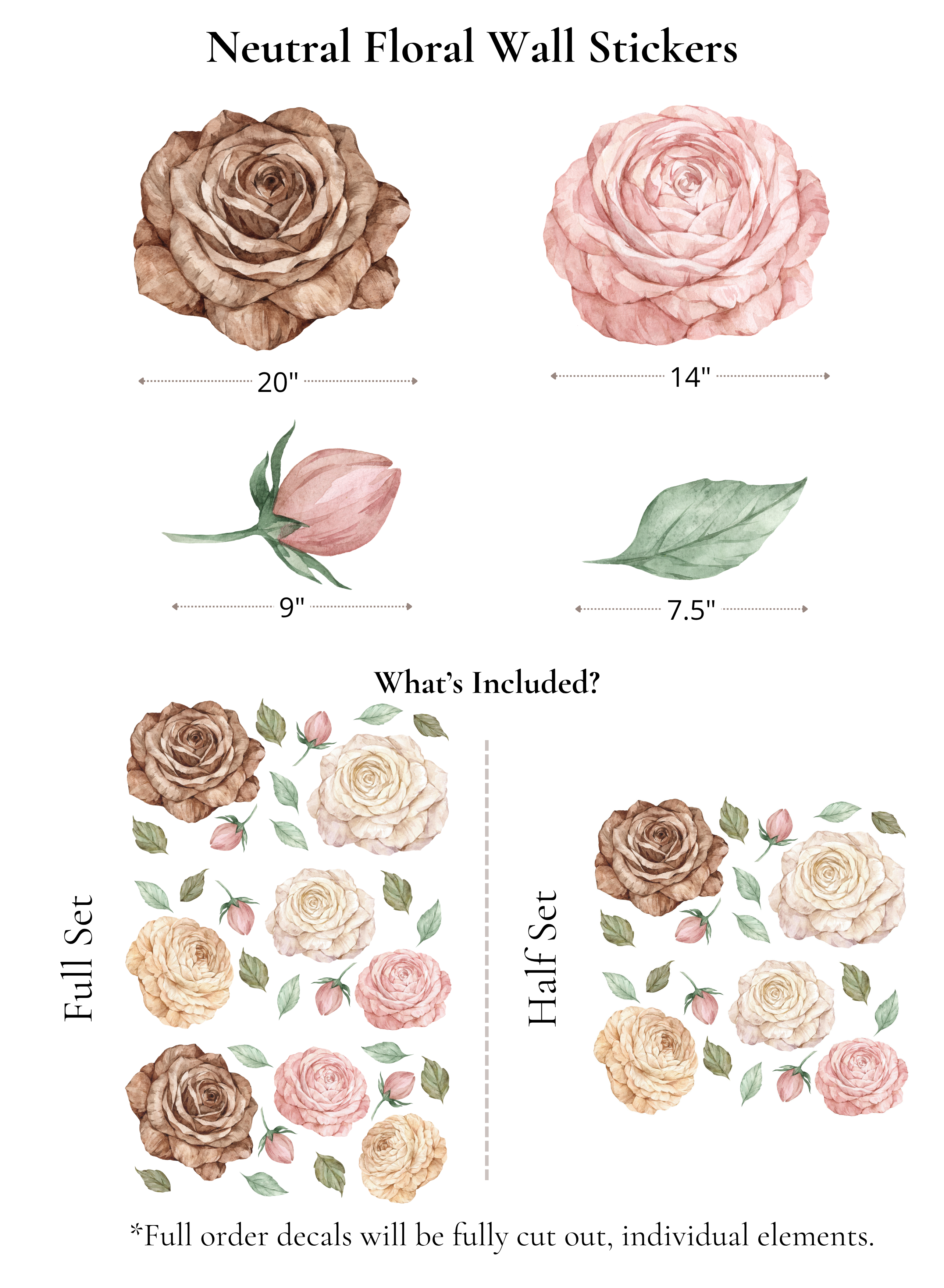 neutral floral wall stickers size chart, large rose decals dimensions and full vs half set comparison
