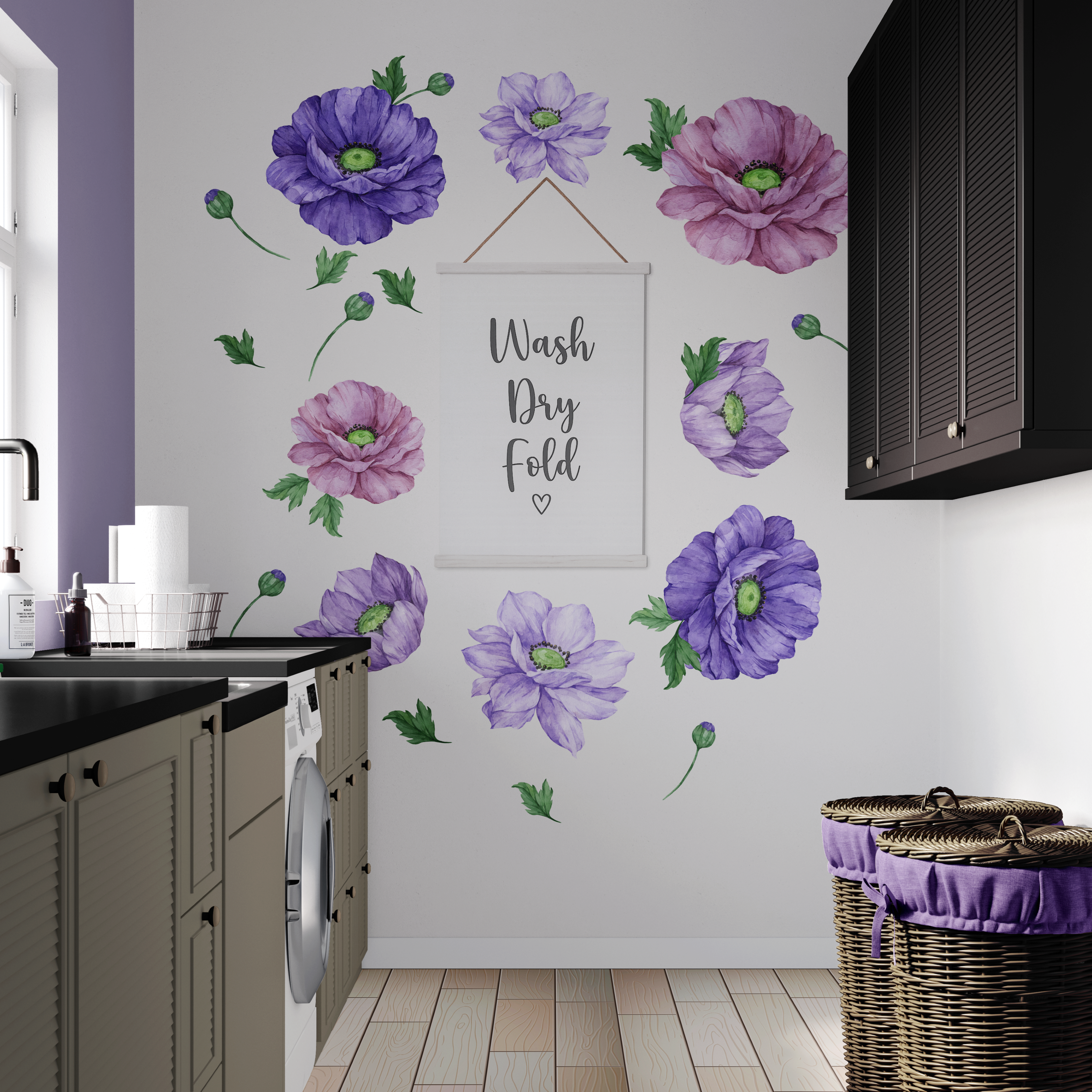 Purple Bloom wall stickers arranged around a laundry room wall hanging sign