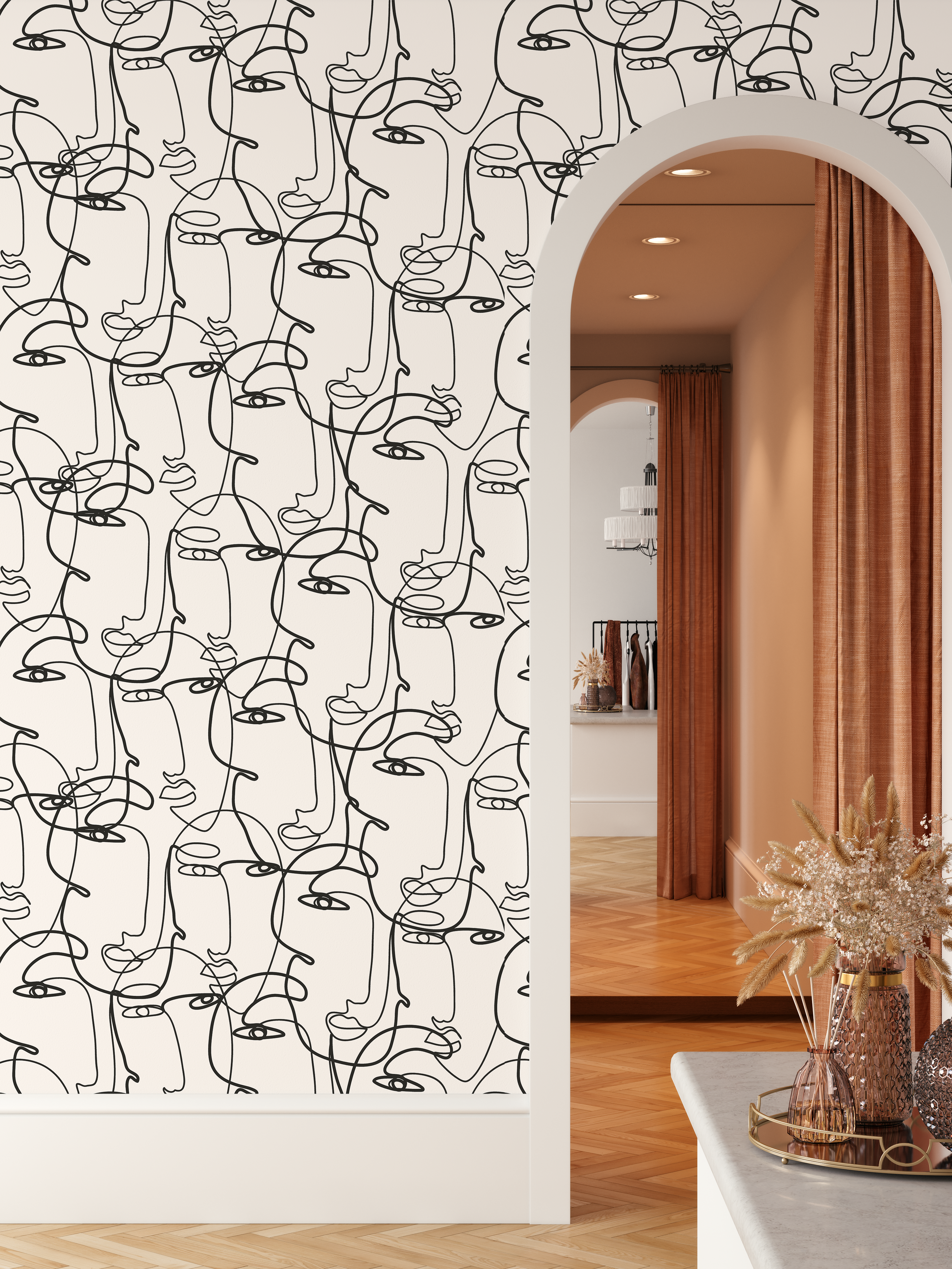 Abstract continuous line art faces wallpaper in a modern home interior with archway and warm accents.&quot;