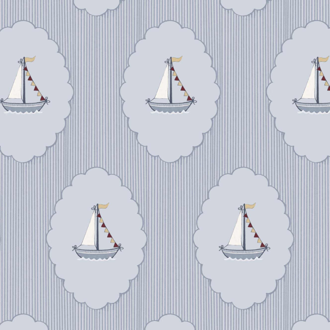 Little Skipper sailboat wallpaper sample showing vintage sailboat motif with bunting flags on blue pinstripe background