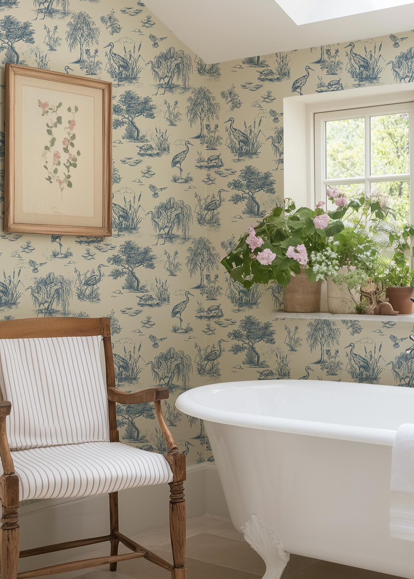 Blue Marsh Heron Toile wallpaper in a bright bathroom featuring vintage heron, willow trees and wetland scenery peel and stick wallpaper.