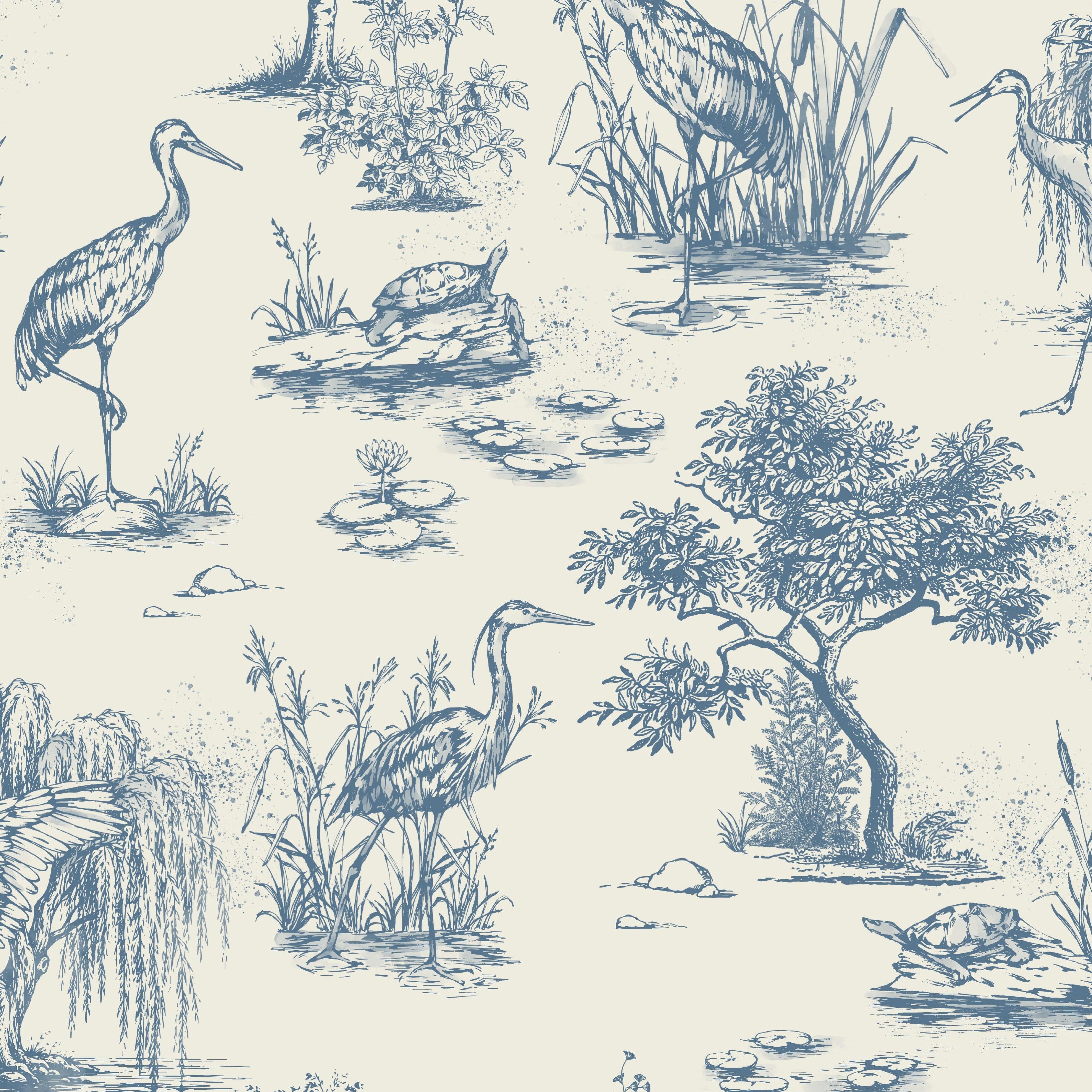 Close-up of Marsh Heron Toile wallpaper featuring detailed blue herons, turtles, lily pads, willow trees and marsh scenery on a warm cream background.