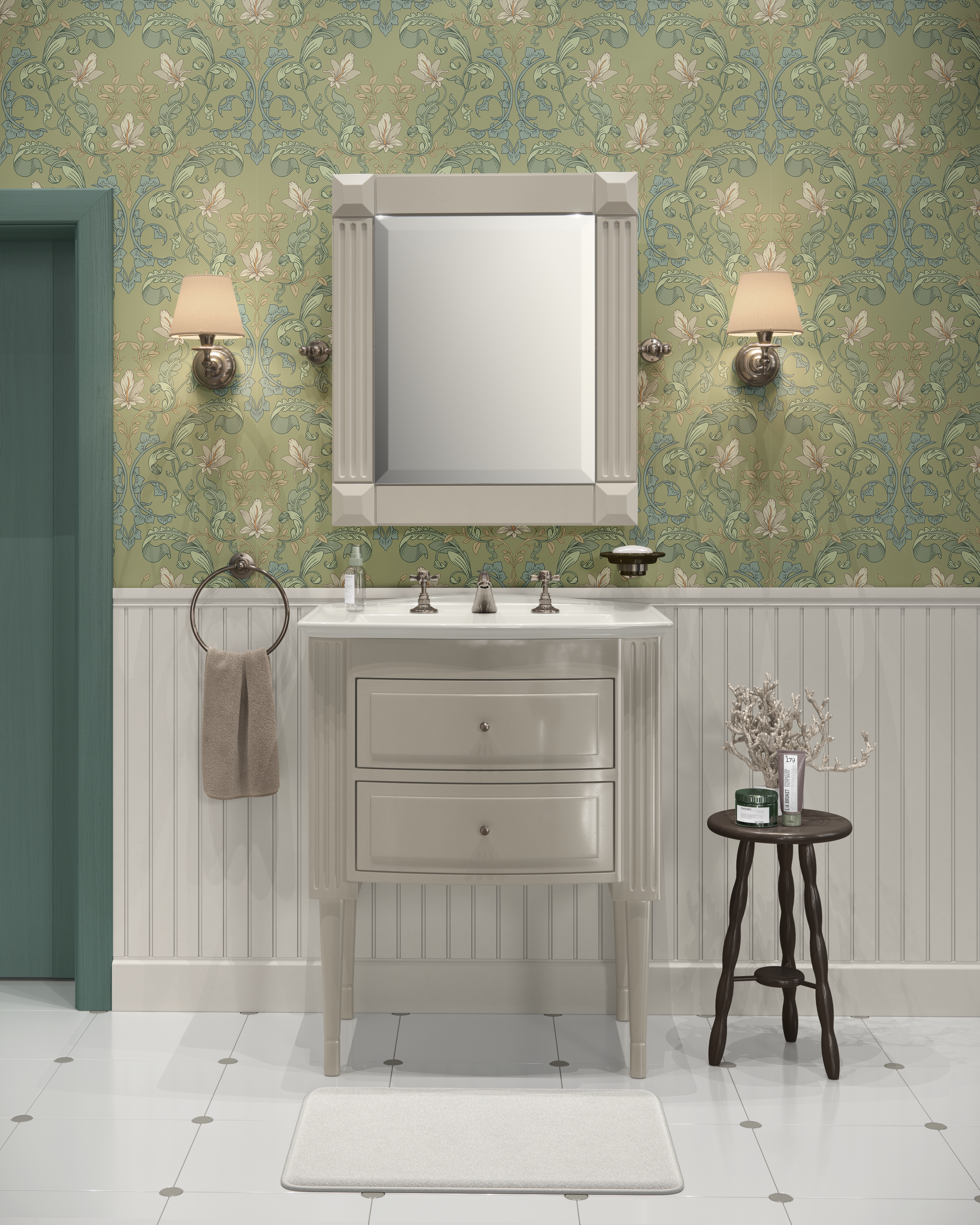 Vintage Matcha Botanical peel and stick wallpaper displayed in a bathroom