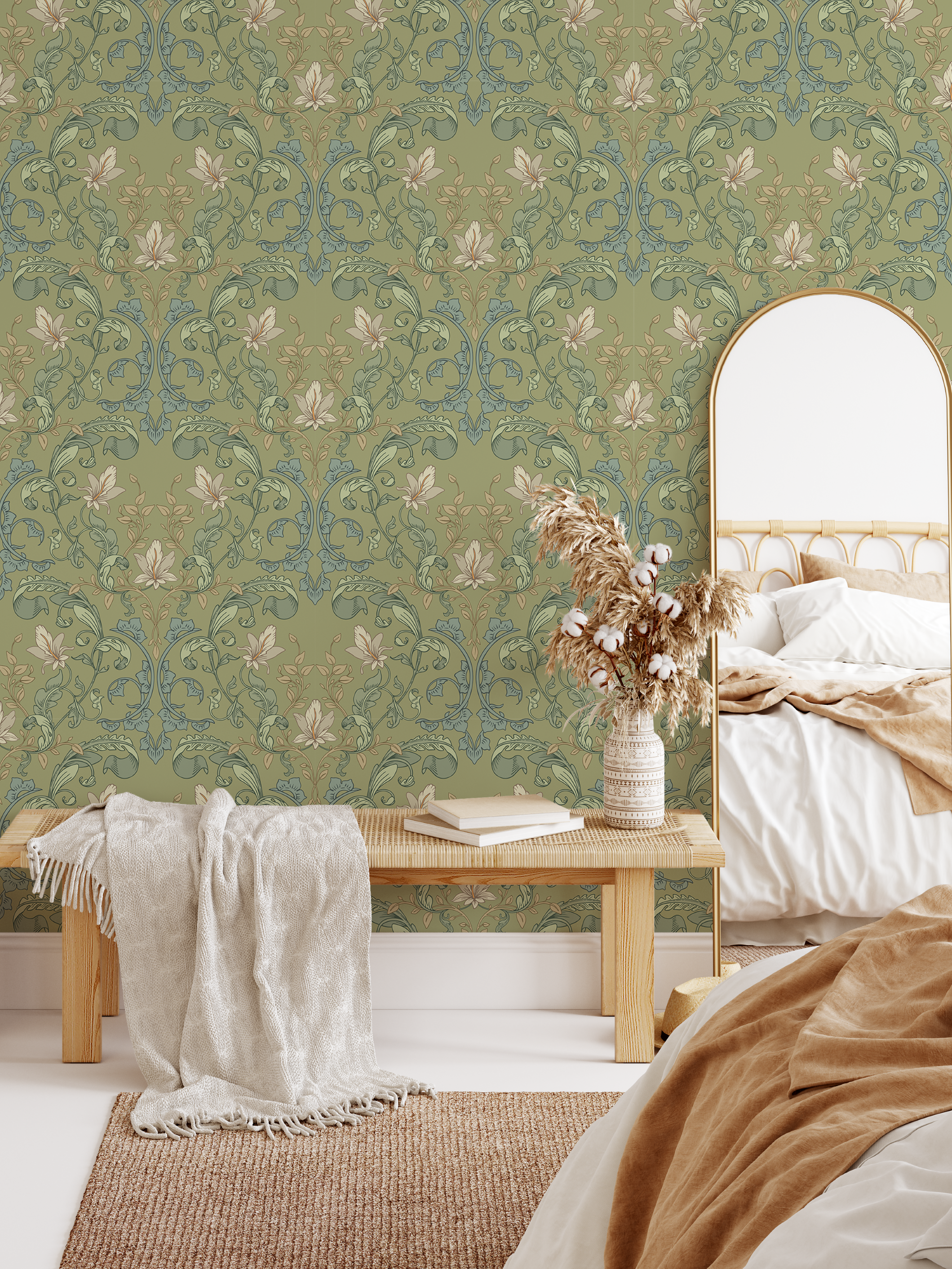 Matcha Botanical wallpaper in a neutral bedroom featuring vintage Art Nouveau floral wallpaper in sage green with peel and stick wall covering.